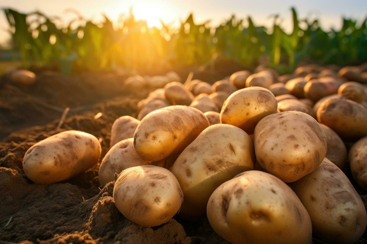 ai generiert Kartoffeln auf das Feld im das Strahlen von das Rahmen Sonne, frisch gepflückt Kartoffeln auf ein Landwirte Feld, gesund organisch produzieren, ai generiert foto