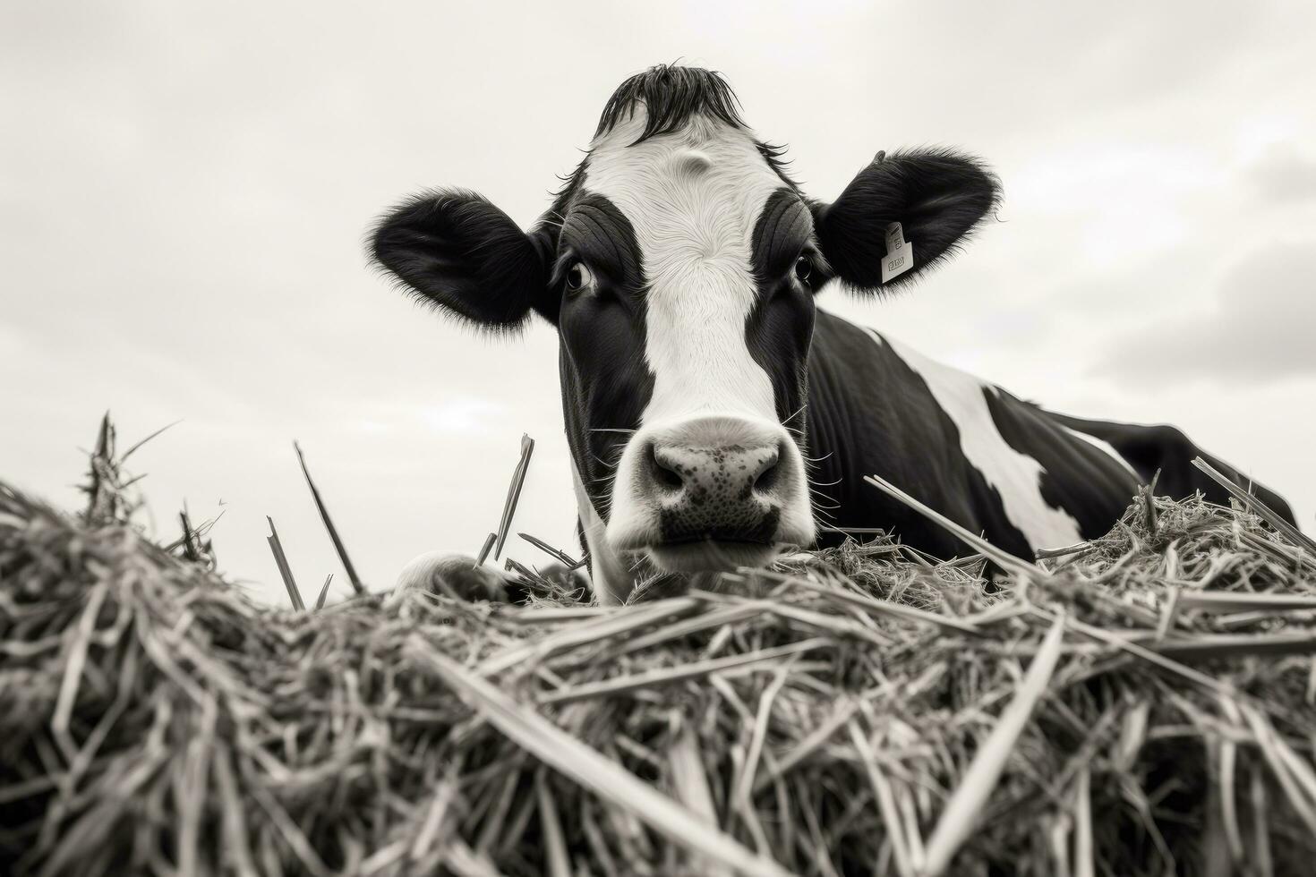 ai generiert schwarz und Weiß Porträt von ein Kuh im ein Feld mit Heu, schwarz und Weiß Kuh Essen Heu, Fütterung Kühe, ai generiert foto