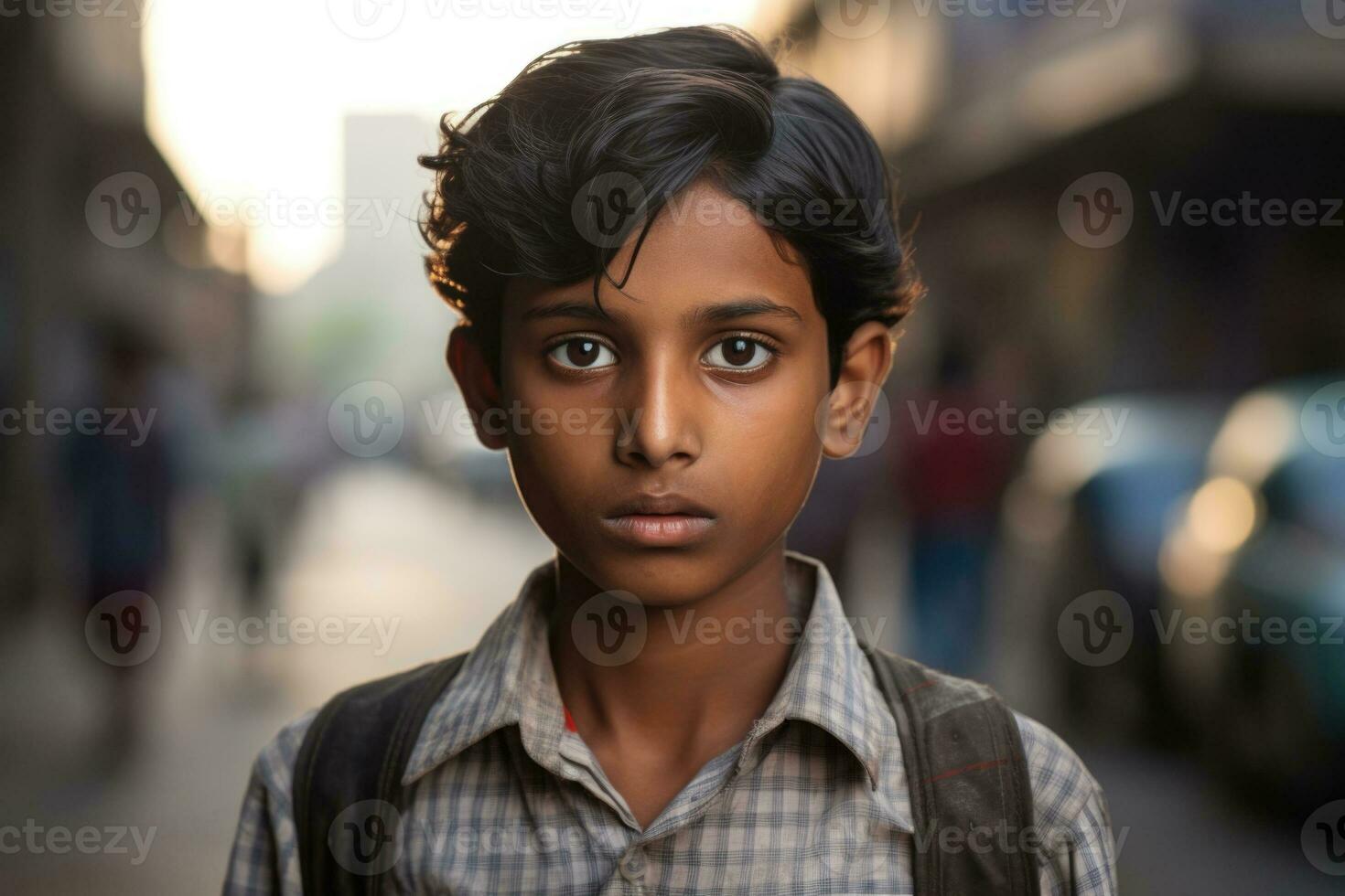 ai generiert Porträt von Tamil Junge beim beschäftigt indisch oder Pakistan Stadt Straße foto