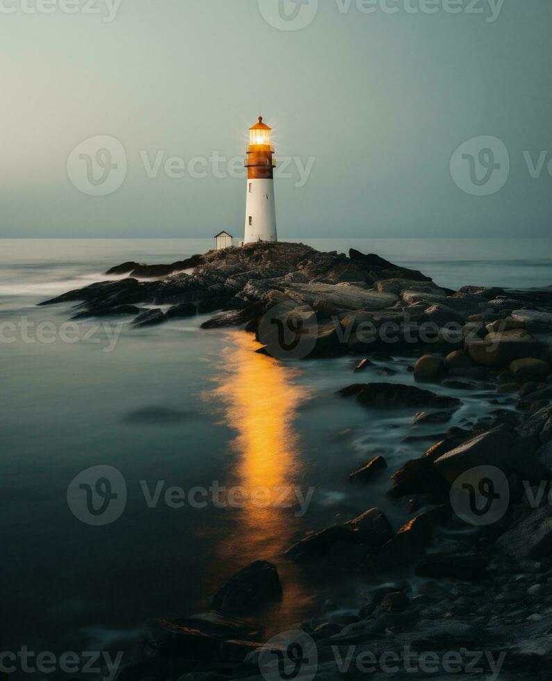 ai generiert Leuchtturm auf ein Felsen im das Meer beim Sonnenuntergang. lange Exposition foto