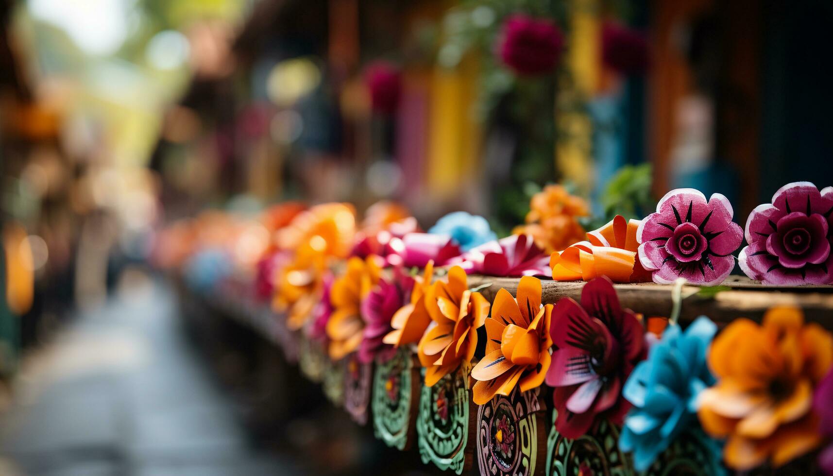 ai generiert ein beschwingt Strauß von Blumen zum Verkauf beim ein Straße Markt generiert durch ai foto