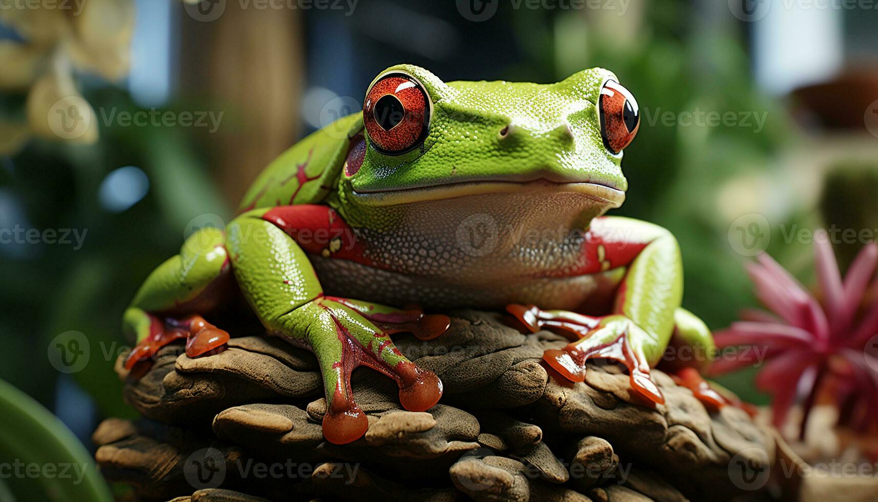 ai generiert süß rot Augen Baum Frosch Sitzung auf nass Zweig, suchen neugierig generiert durch ai foto