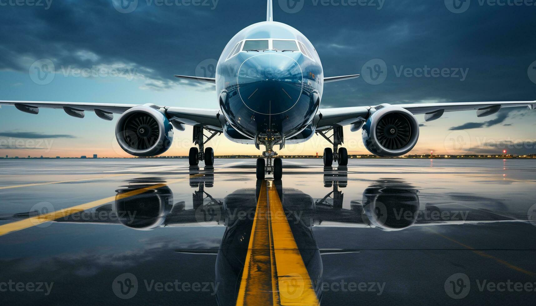 ai generiert Luxus Flugzeug nehmen aus beim Dämmerung, reflektieren Blau Himmel generiert durch ai foto