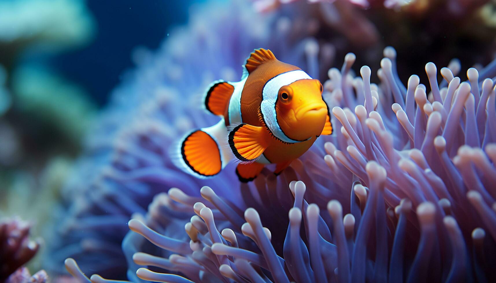 ai generiert Clown Fisch Schwimmen im beschwingt unter Wasser Riff generiert durch ai foto