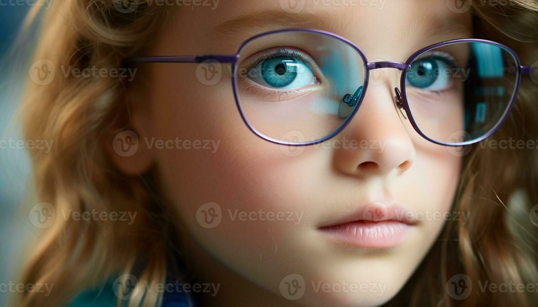 ai generiert lächelnd Mädchen mit Brille, Unschuld im ihr Augen generiert durch ai foto