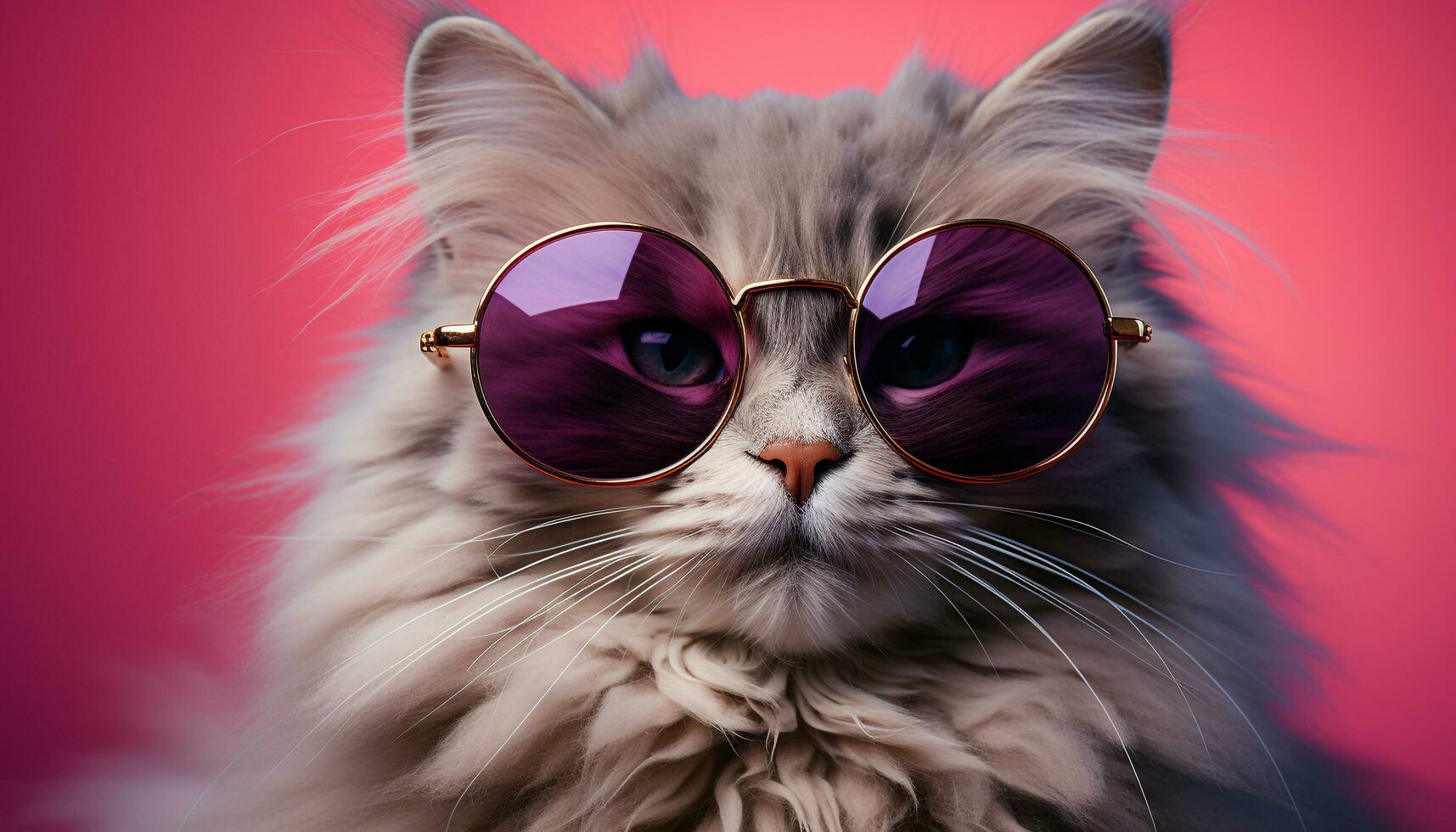 ai generiert süß Kätzchen tragen Sonnenbrille suchen beim das Kamera generiert durch ai foto