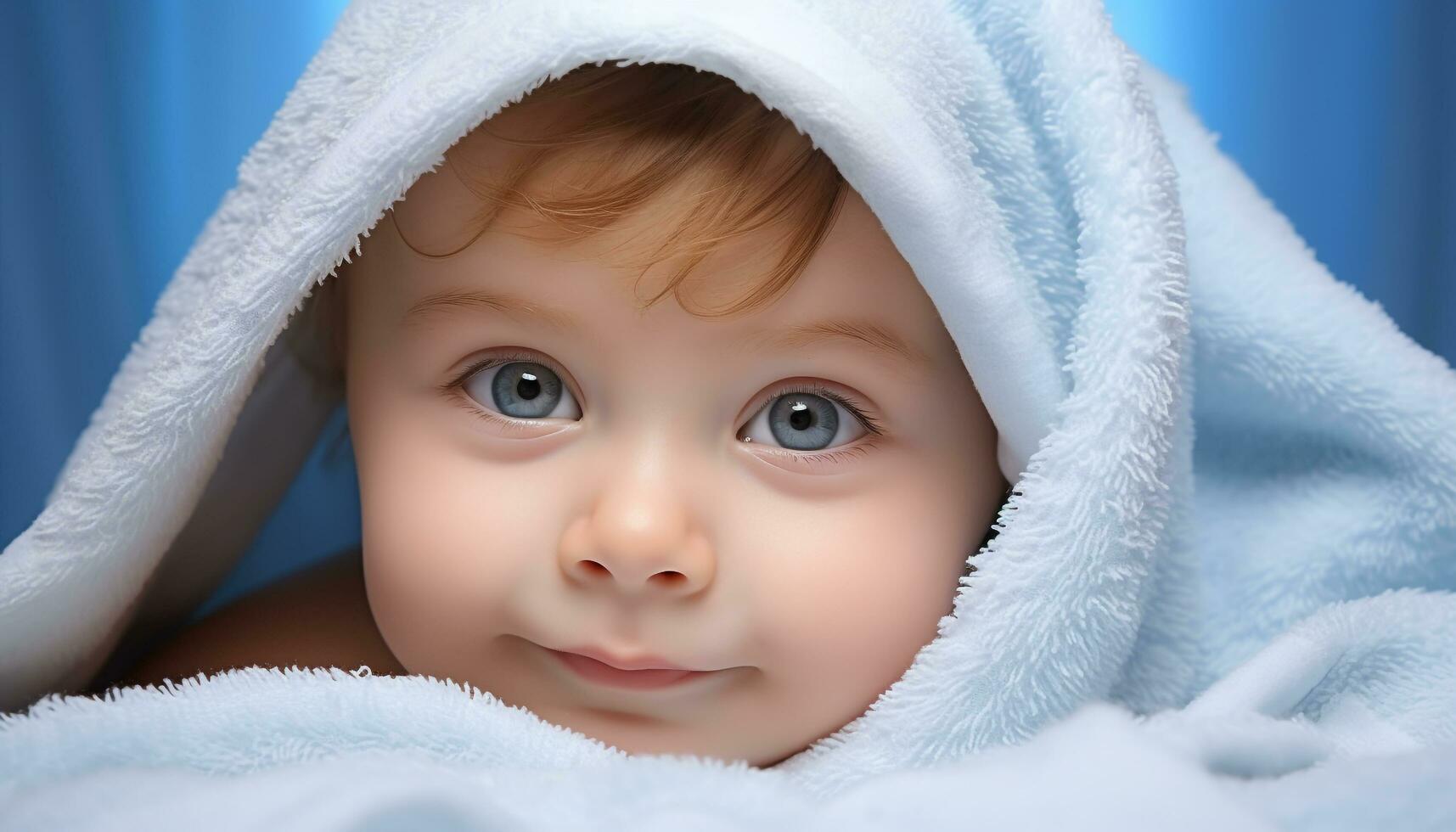 ai generiert süß Baby Junge mit Blau Augen lächelnd generiert durch ai foto