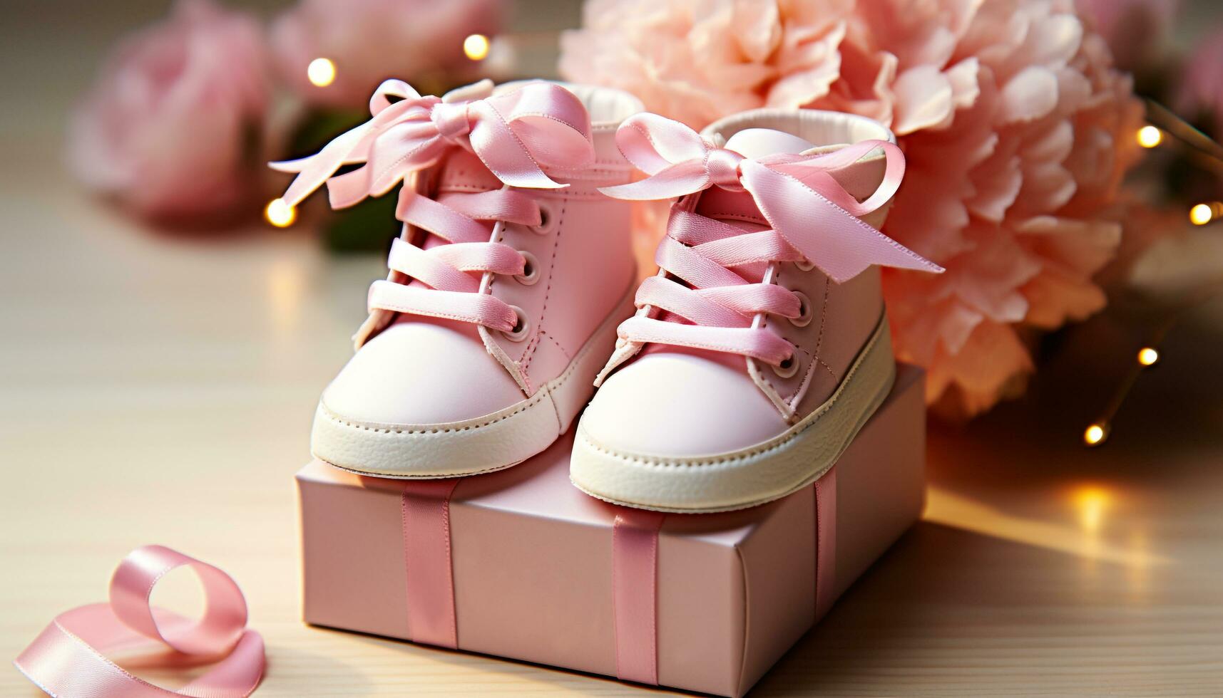 ai generiert Baby Schuh, Rosa Geschenk, süß Dekoration, Mode Holz generiert durch ai foto