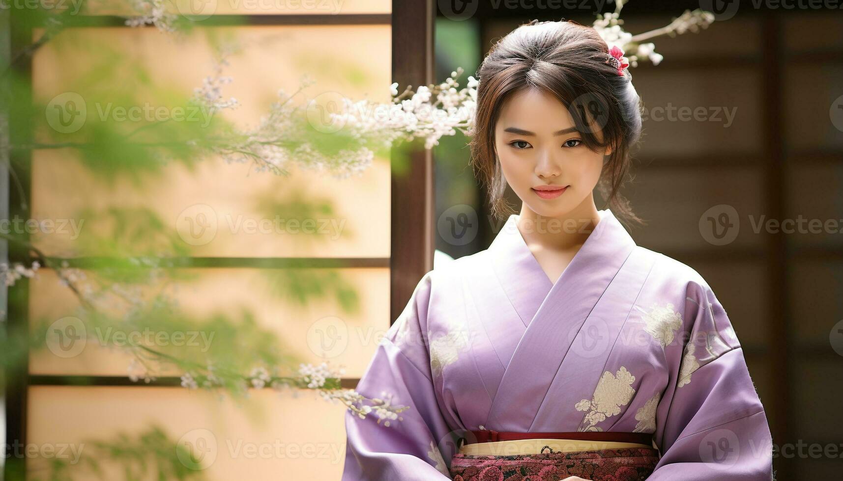ai generiert schön jung Frau im traditionell Yukata, lächelnd draußen generiert durch ai foto
