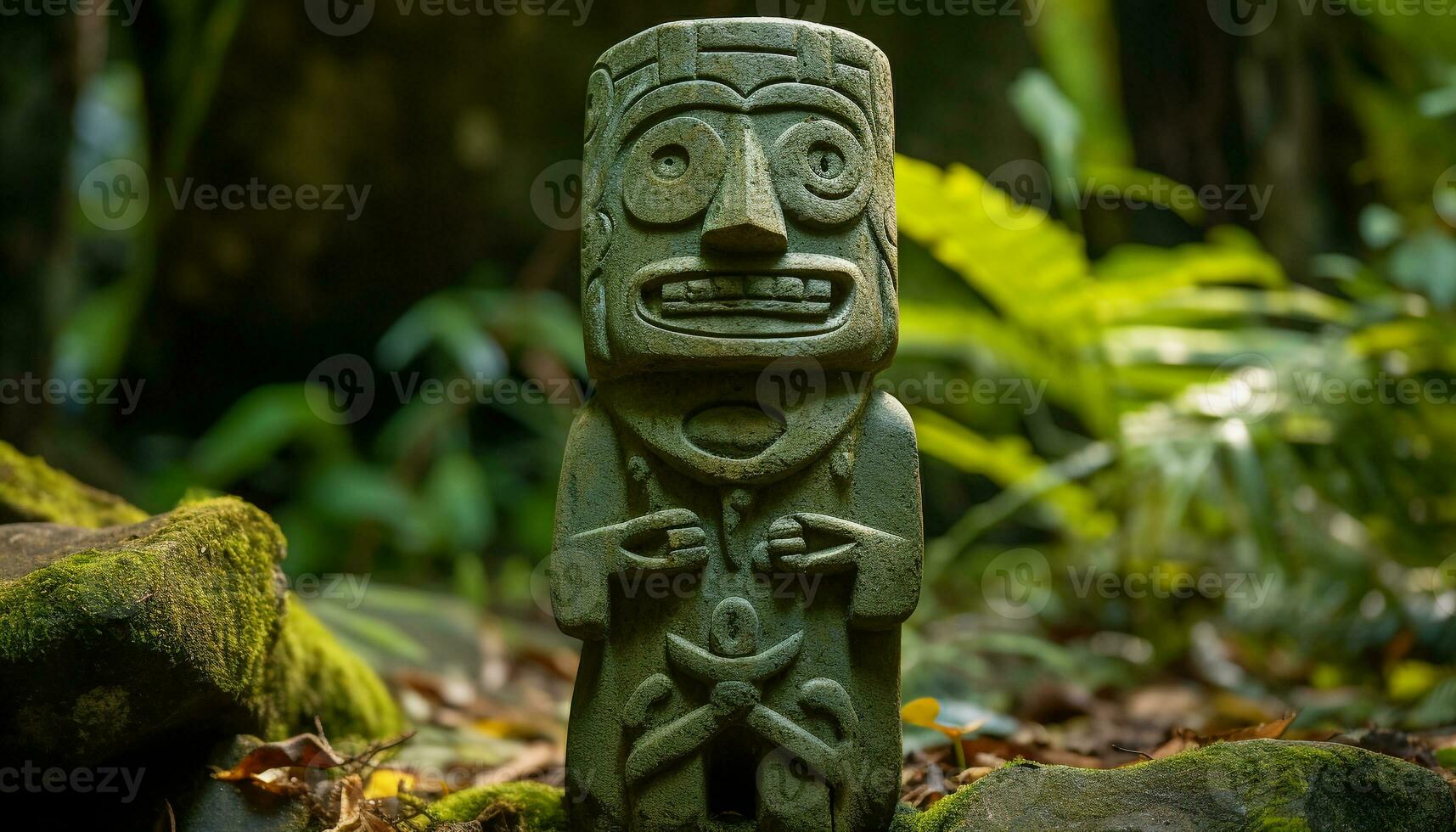 ai generiert uralt Idol Skulptur symbolisiert Spiritualität im tropisch Regenwald generiert durch ai foto