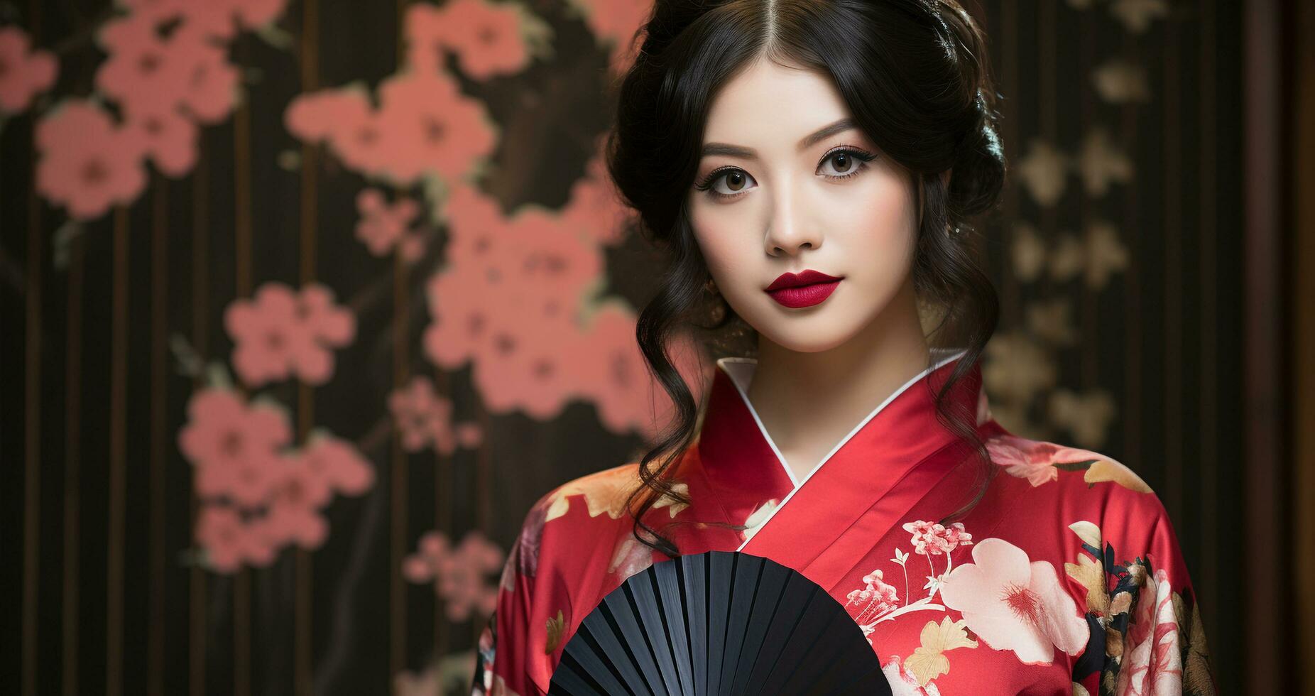 ai generiert schön jung Frau im traditionell japanisch Geisha Kleid generiert durch ai foto