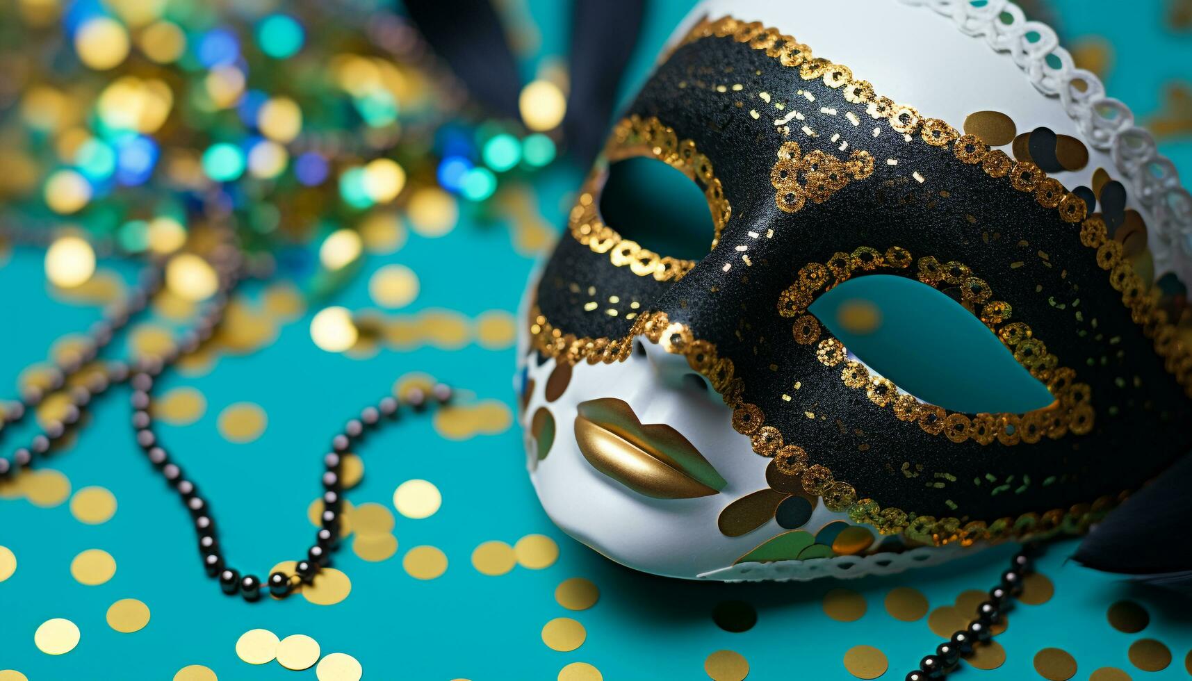 ai generiert elegant Gold Maske scheint beim Karneval gras Feier generiert durch ai foto