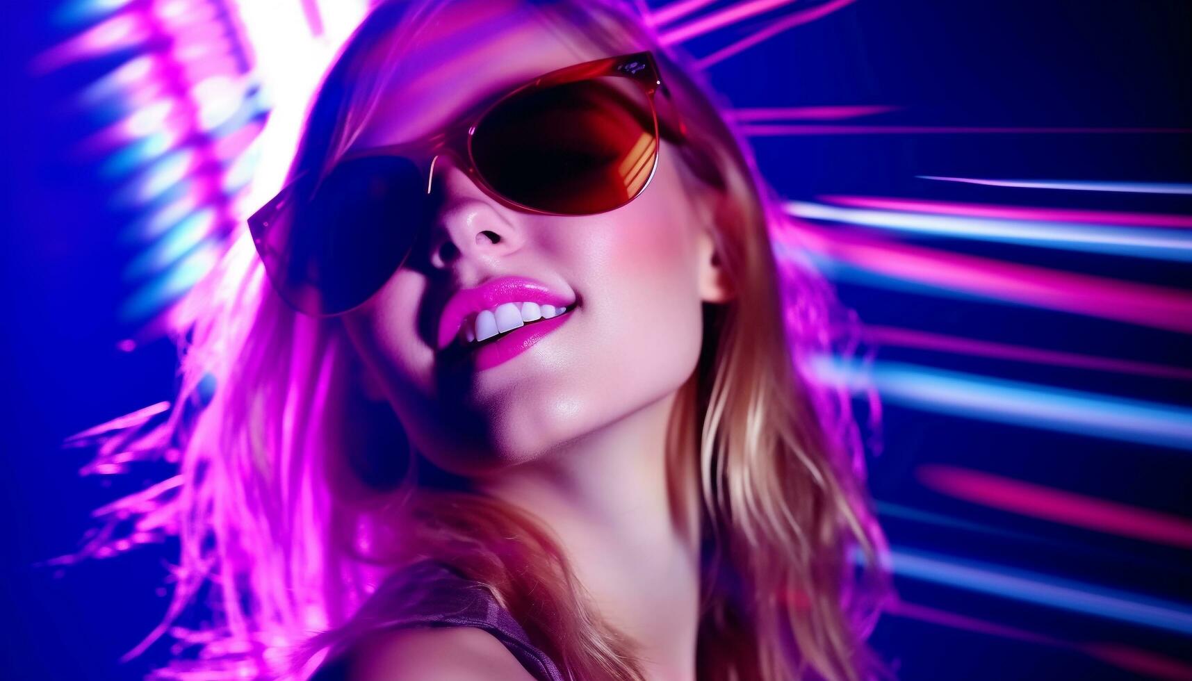 ai generiert jung Frau im Sonnenbrille genießt Nachtclub Disko Tanzen generiert durch ai foto