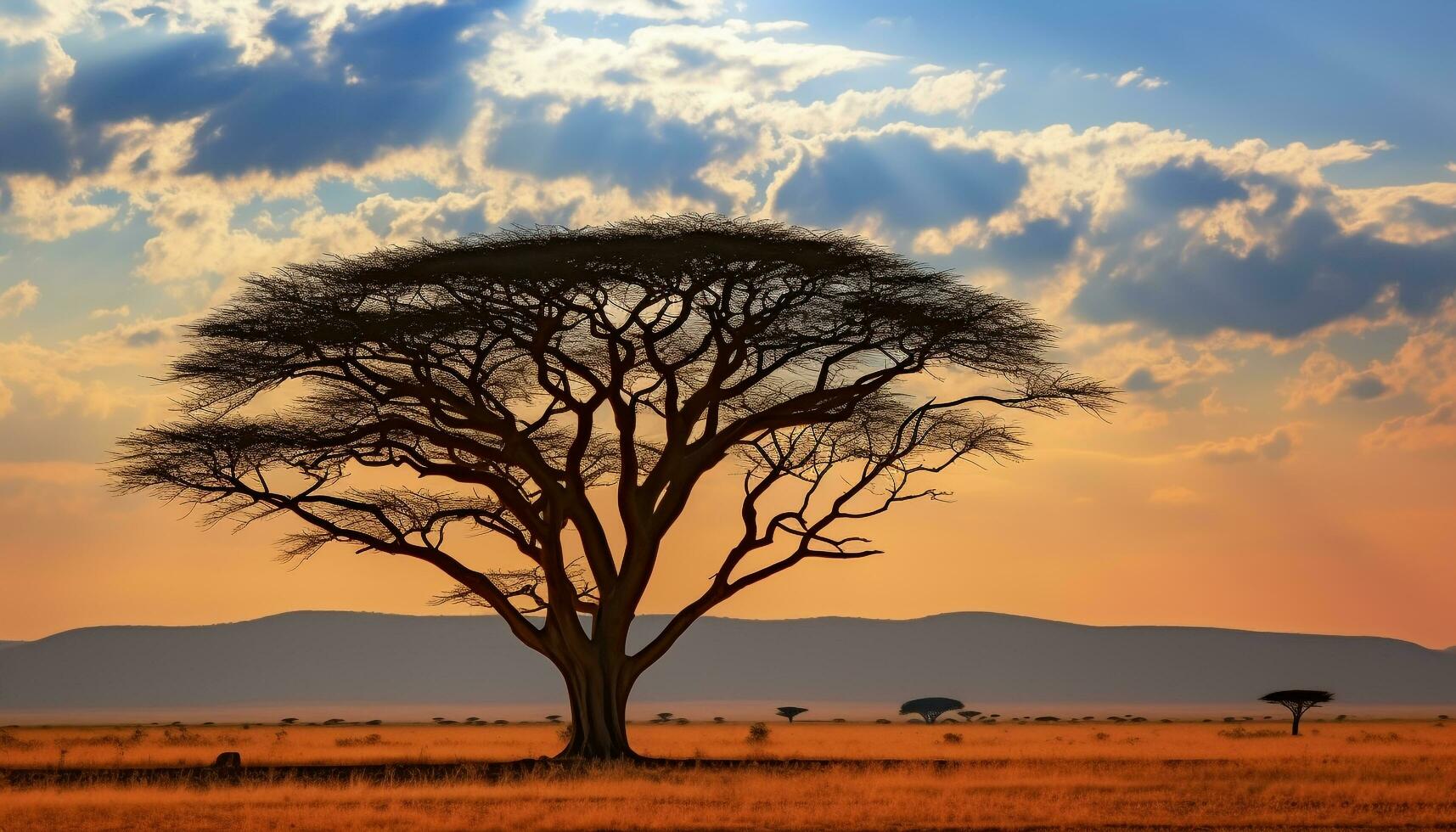 ai generiert Silhouette von Akazie Baum im afrikanisch Sonnenuntergang generiert durch ai foto