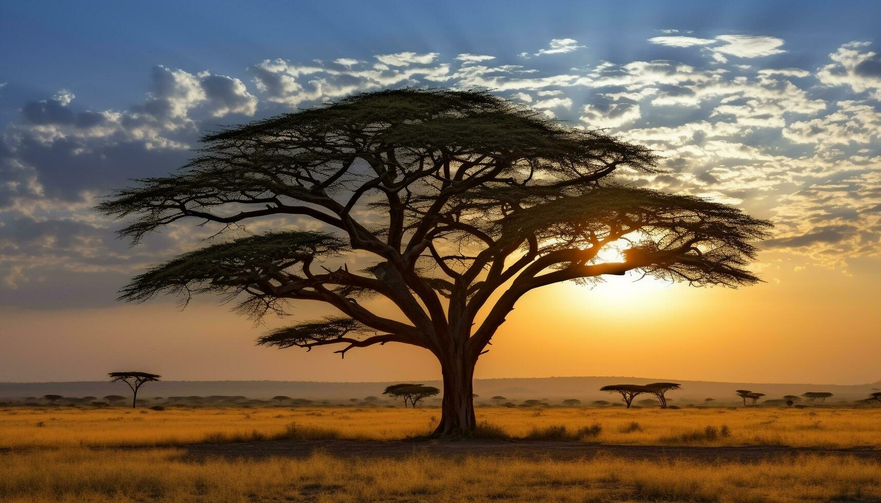 ai generiert Silhouette von Akazie Baum im afrikanisch Sonnenuntergang generiert durch ai foto