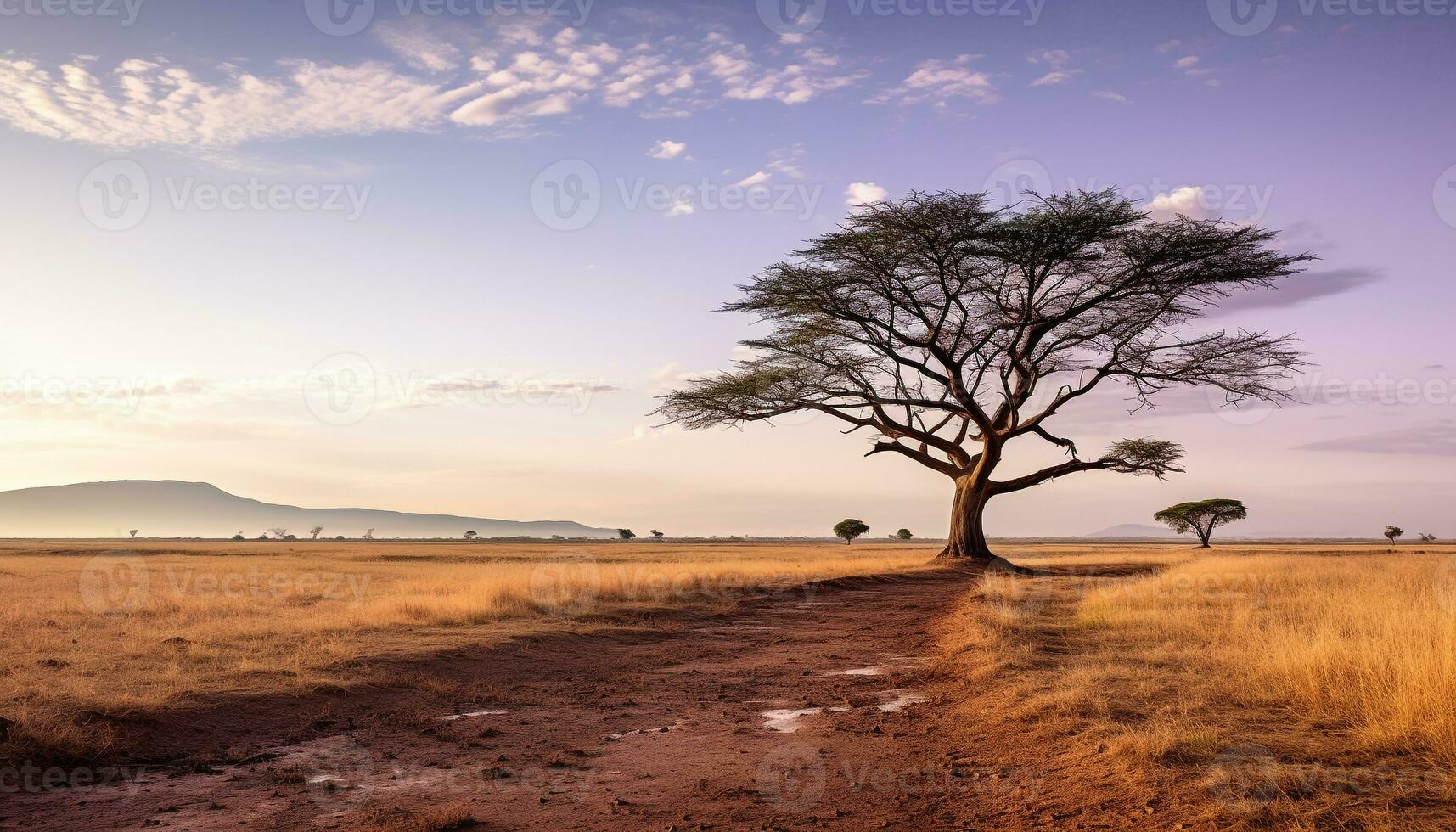 ai generiert Sonnenuntergang Über das afrikanisch Savanne, ein still Landschaft generiert durch ai foto