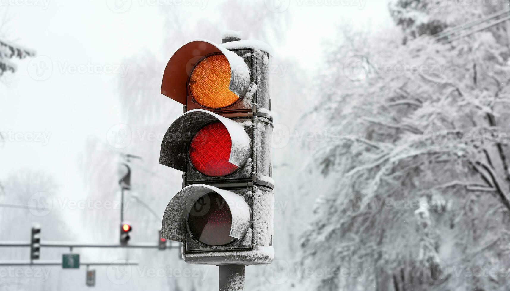 ai generiert Ampel Kontrollen der Verkehr beim schneebedeckt Straße Überschneidung generiert durch ai foto