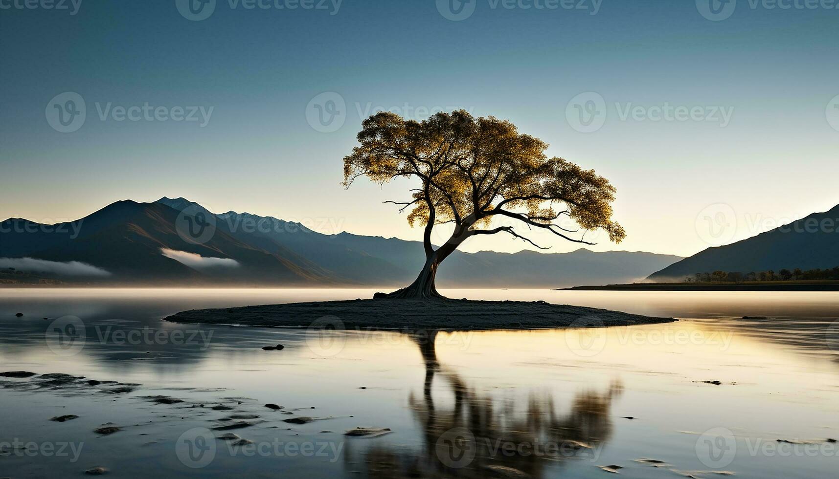 ai generiert still Szene, Sonnenuntergang spiegelt auf Wasser, Berge Silhouette generiert durch ai foto