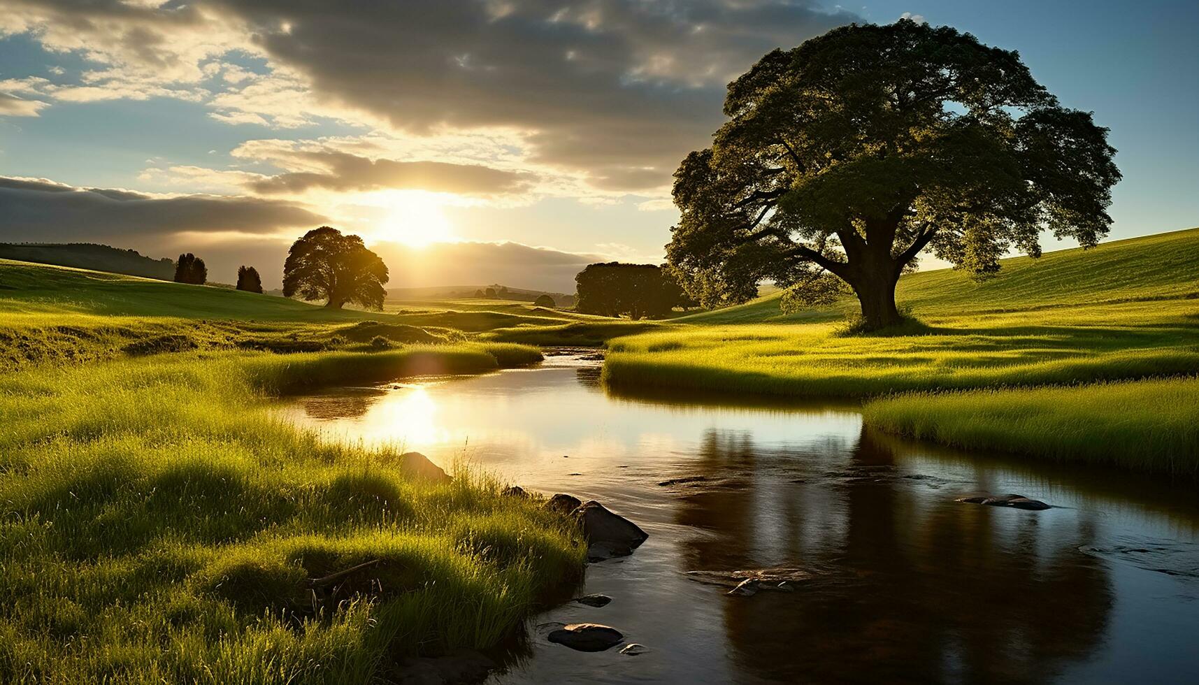 ai generiert Sonnenuntergang Über das still Wiese, Natur Schönheit generiert durch ai foto