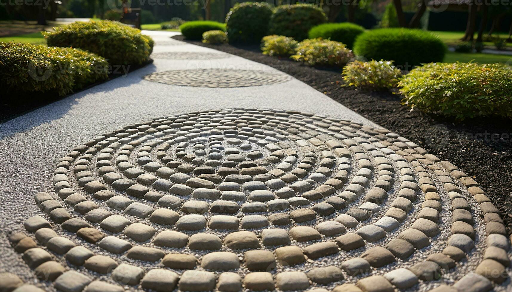 ai generiert Stein Fußweg Kurven durch Grün Gras und Bäume generiert durch ai foto