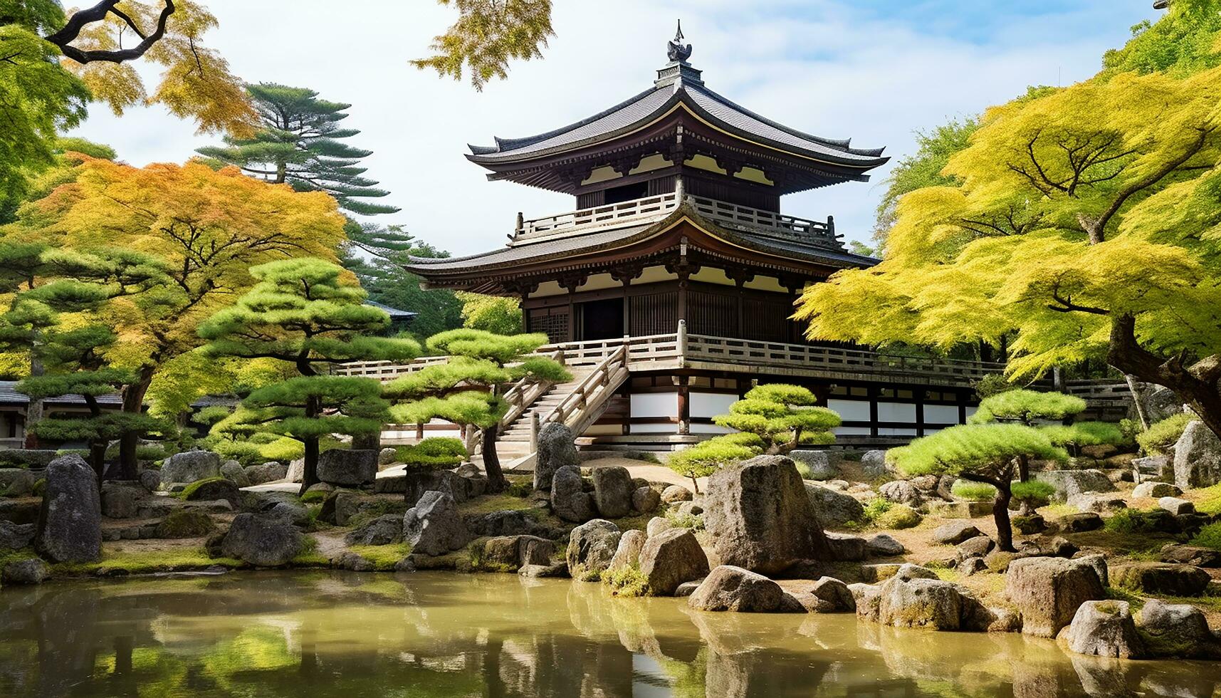 ai generiert uralt Pagode steht hoch im japanisch Herbst Landschaft, generiert durch ai foto