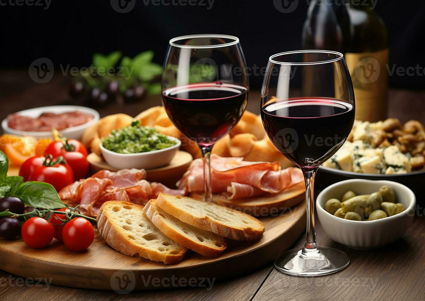 ai generiert Gourmet Mahlzeit brot, Fleisch, Prosciutto, Wein, Vorspeise generiert durch ai foto