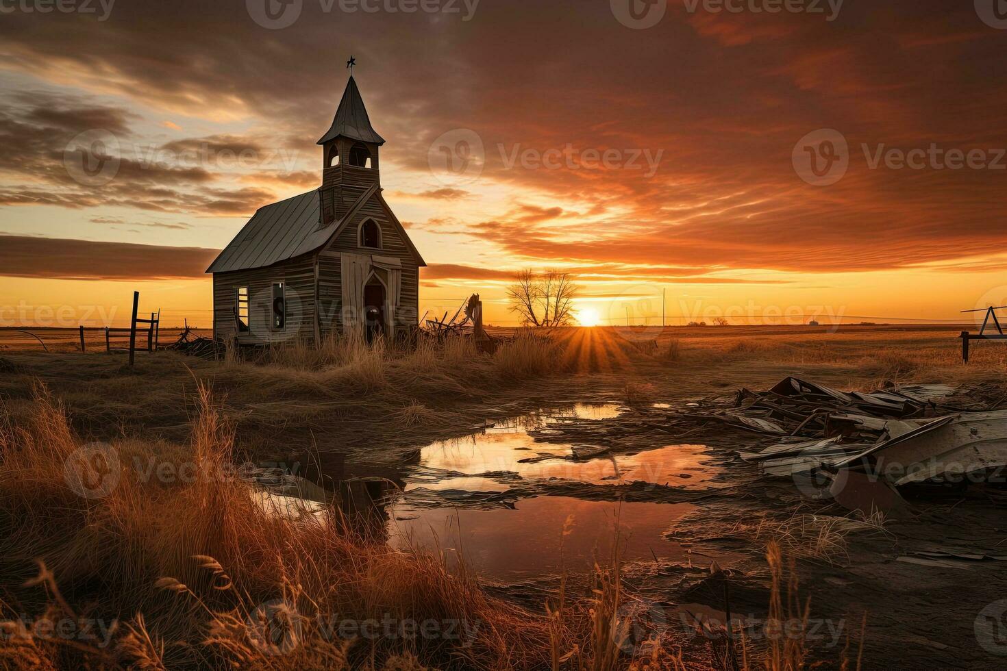 ai generiert Landschaft mit ein einsam ruiniert verlassen Kirche beim Sonnenuntergang oder Dämmerung foto