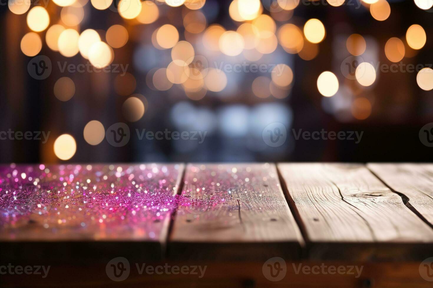 ai generiert Vorlage von leeren dunkel hölzern Arbeitsplatte oder Tabelle lila und golden Licht Bokeh Hintergrund foto