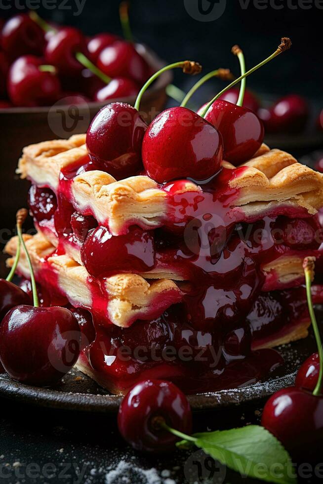 ai generiert Vertikale Bild Nahansicht von ein Stück von lecker hausgemacht Süss Kirsche Kuchen auf rustikal Hintergrund foto