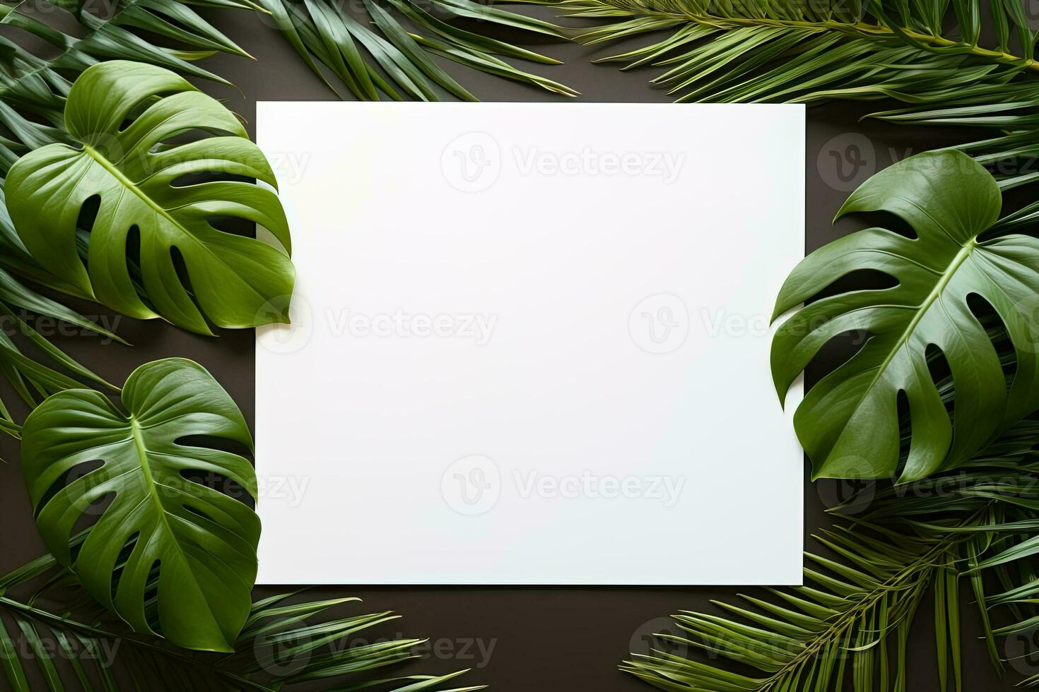 ai generiert Attrappe, Lehrmodell, Simulation Weiß leer Papier Blatt mit Grün tropisch Blätter oben Aussicht auf grau Hintergrund, Vorlage leeren Karte eben legen zum Design mit Kopieren Raum foto