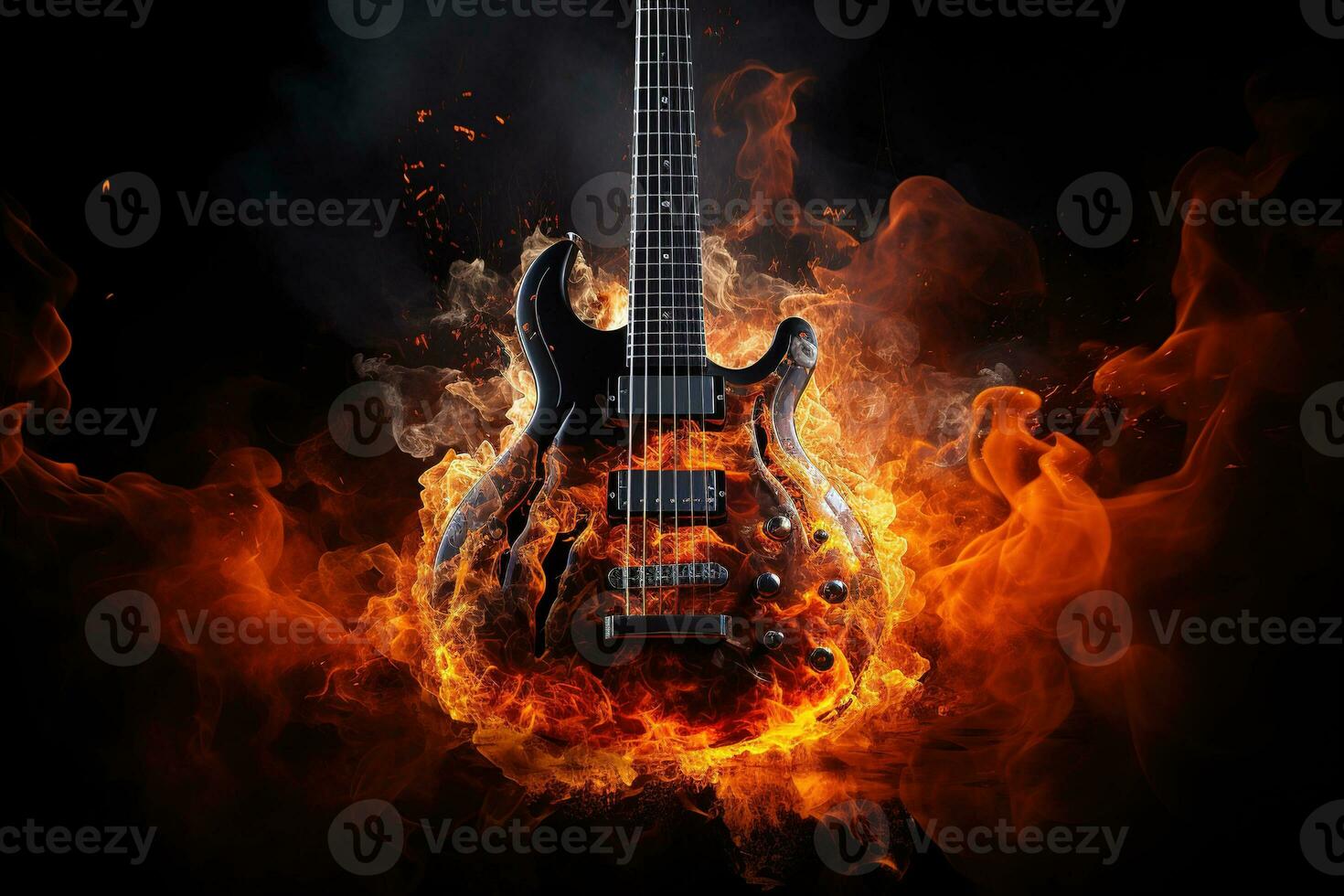 ai generiert ein Orange Gitarre brennt mit ein heiß Flamme auf ein schwarz Hintergrund. Felsen Metall Punk Hintergrund foto