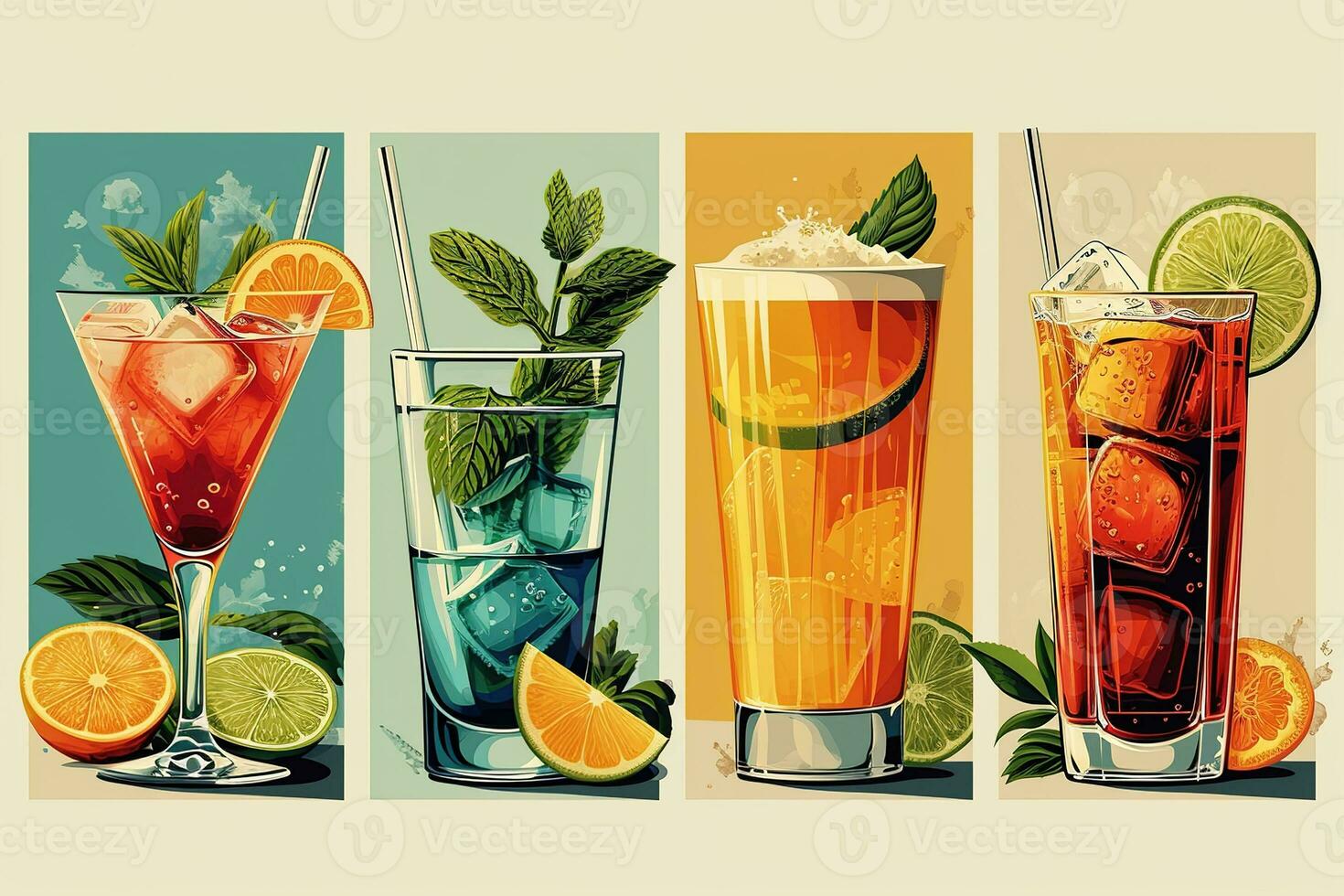 ai generiert einstellen von Abbildungen von vier Brille mit anders Obst Alkohol Cocktails im retro Jahrgang Poster Stil foto