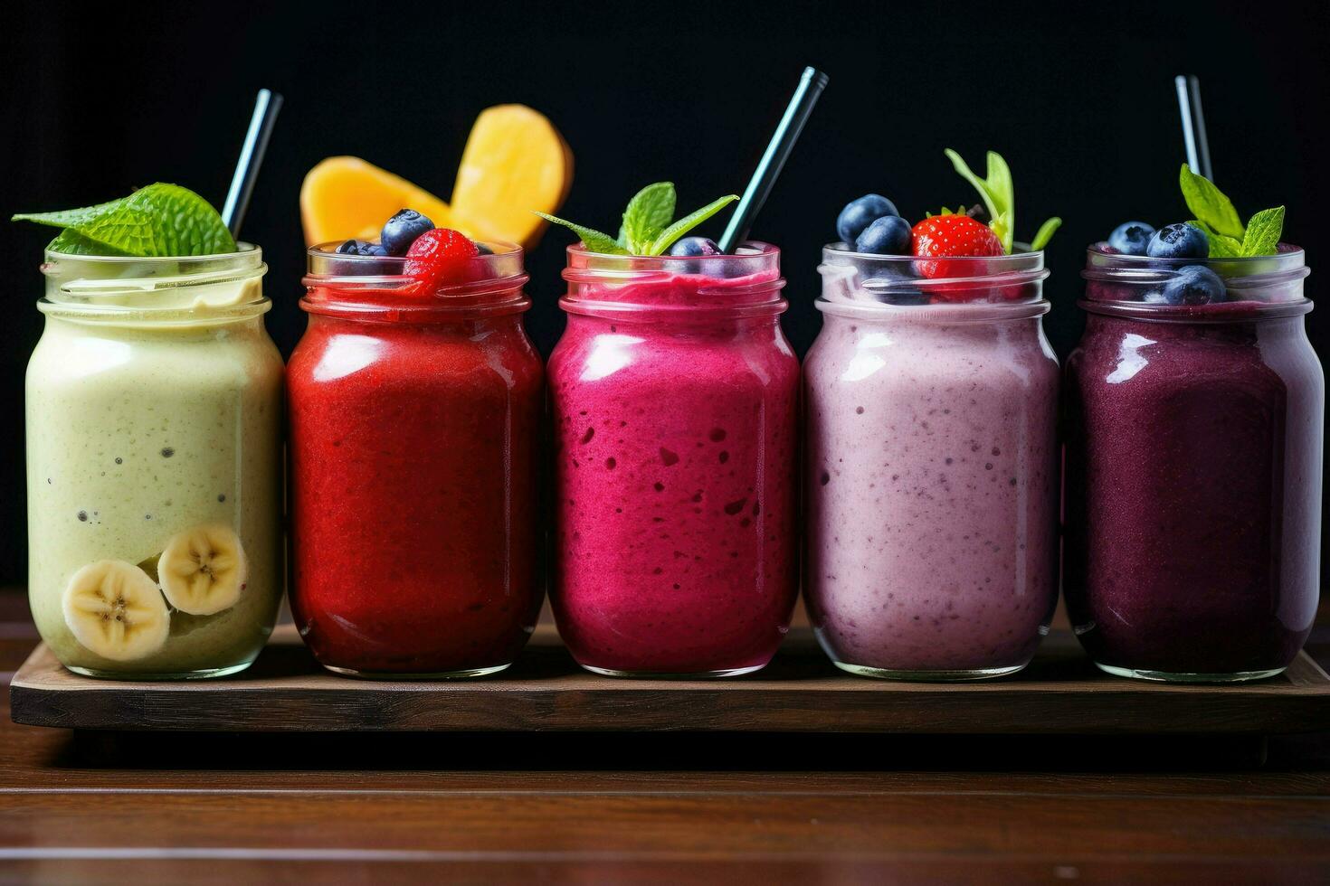 ai generiert frisch Obst Smoothies im Glas Gläser, bunt Smoothies im Glas Gläser auf ein Fensterbrett, mit Früchte im das Vordergrund, ai generiert foto