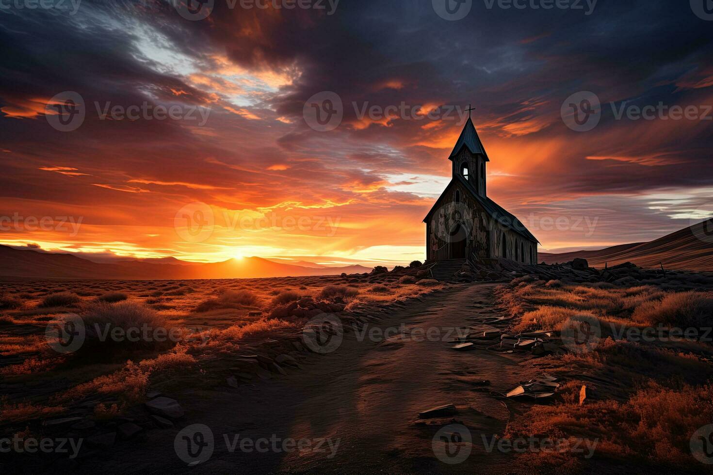 ai generiert verlassen katholisch Kirche und Straße beim Sonnenuntergang oder Dämmerung foto