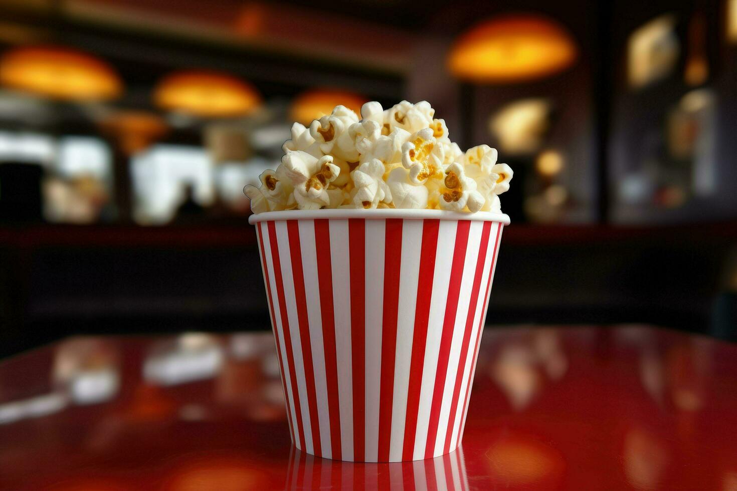 ai generiert Aussicht von 3d Tasse von Kino Popcorn, ein Eimer von Popcorn auf Bokeh Hintergrund . ai generiert foto