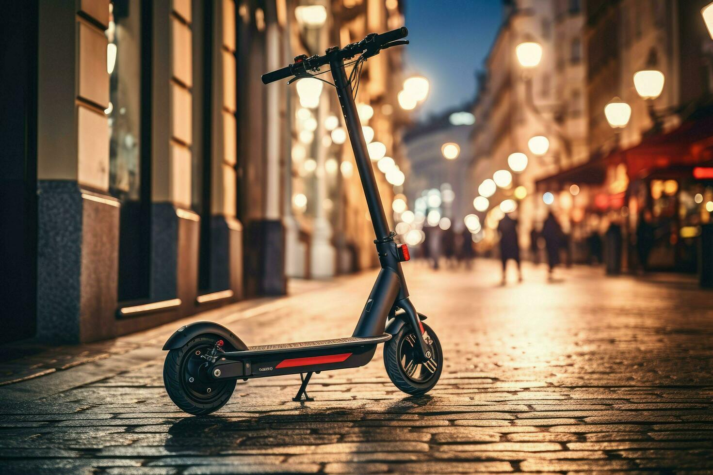 ai generiert elektrisch Roller auf ein Stadt Nacht Straße, elektrisch Roller im das Stadt Landschaft, Stehen auf das Straße, elektrisch Roller im das Stadt, ai generiert foto