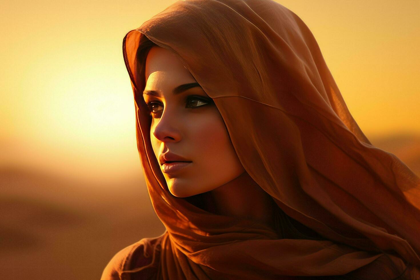 ai generiert Porträt von ein jung Arabisch Frau im ein Hijab im das Wüste gegen das Sonnenuntergang, arabisch Frauen Gesicht das Sonnenuntergang ai generiert foto