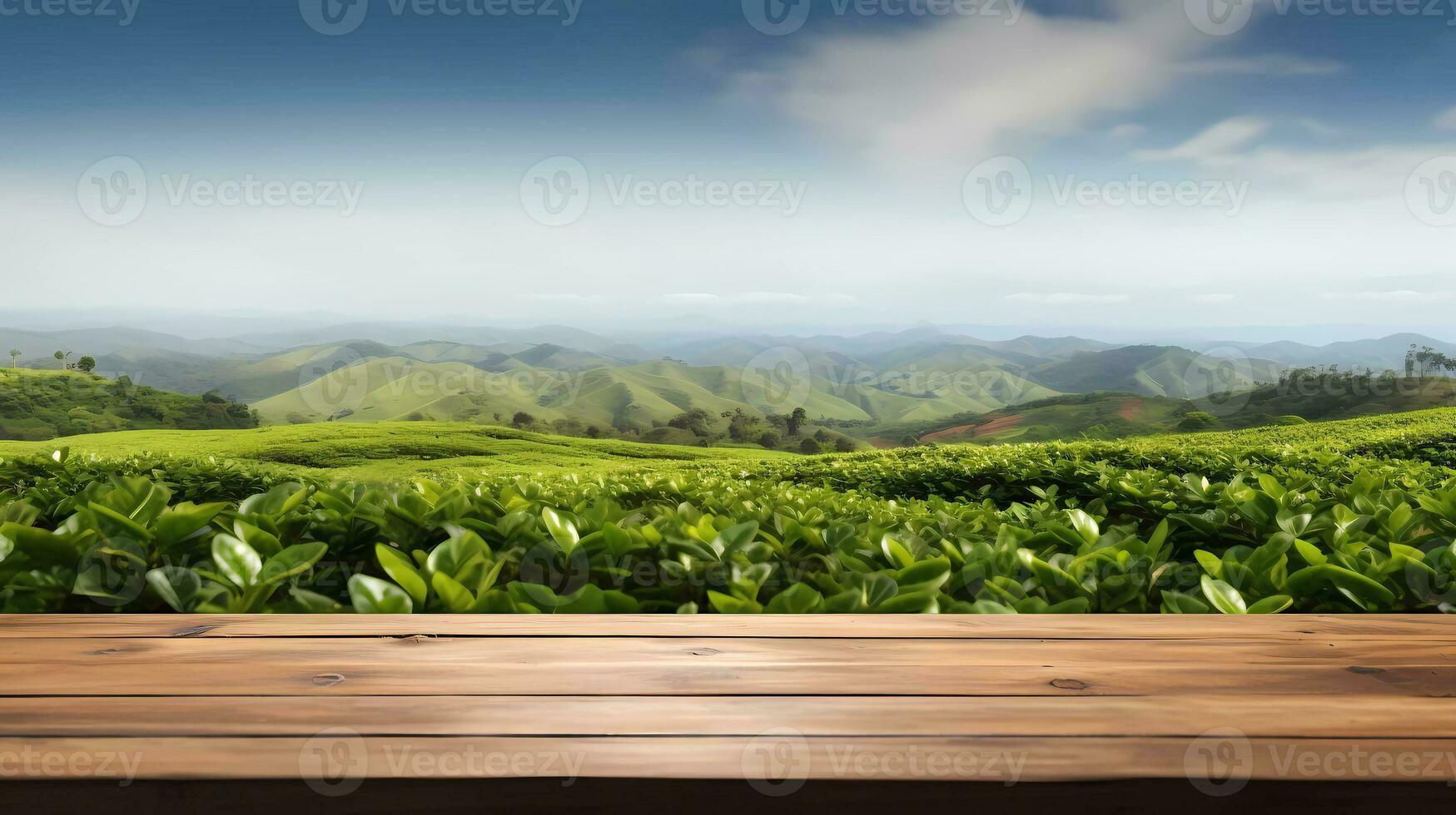 ai generiert das leeren hölzern braun Tabelle oben mit verwischen Hintergrund von Napa Hügel Landschaft. überschwänglich Bild. Ideal zum Produkt Platzierung foto