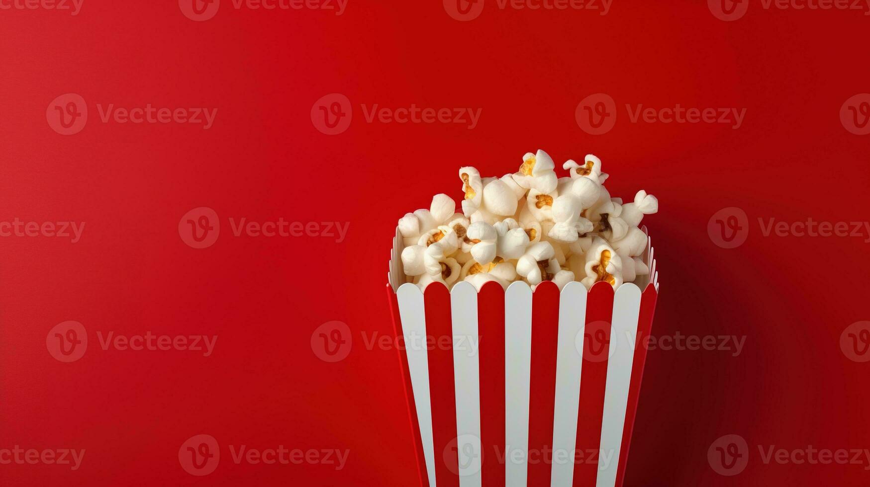 ai generiert gestreift Box mit Popcorn auf das rot Hintergrund, Kopieren Raum. Snack, Film, Film, Kino foto