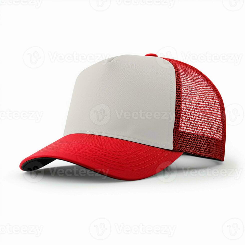 ai generiert rot und Weiß Trucker Hut Attrappe, Lehrmodell, Simulation, Vorderseite Seite Aussicht foto
