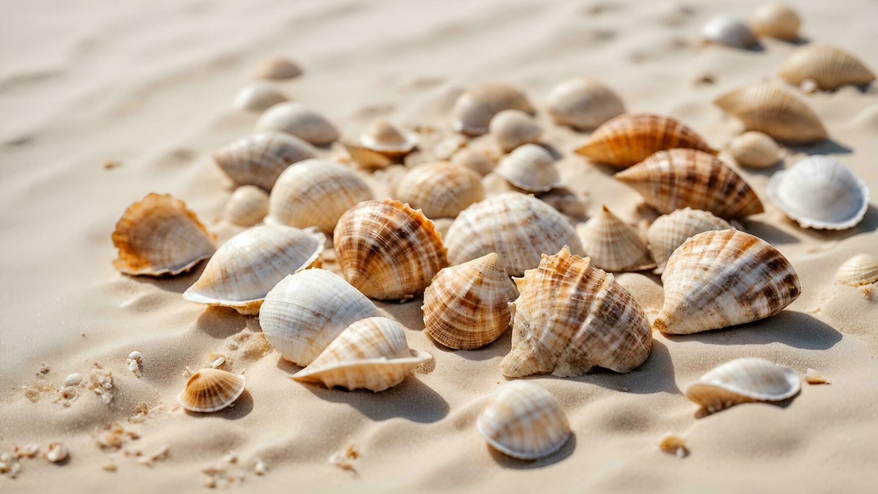 ai generiert atemberaubend ein leeren Meer Muscheln auf Weiß sandig Strand, hell glänzend Tag foto