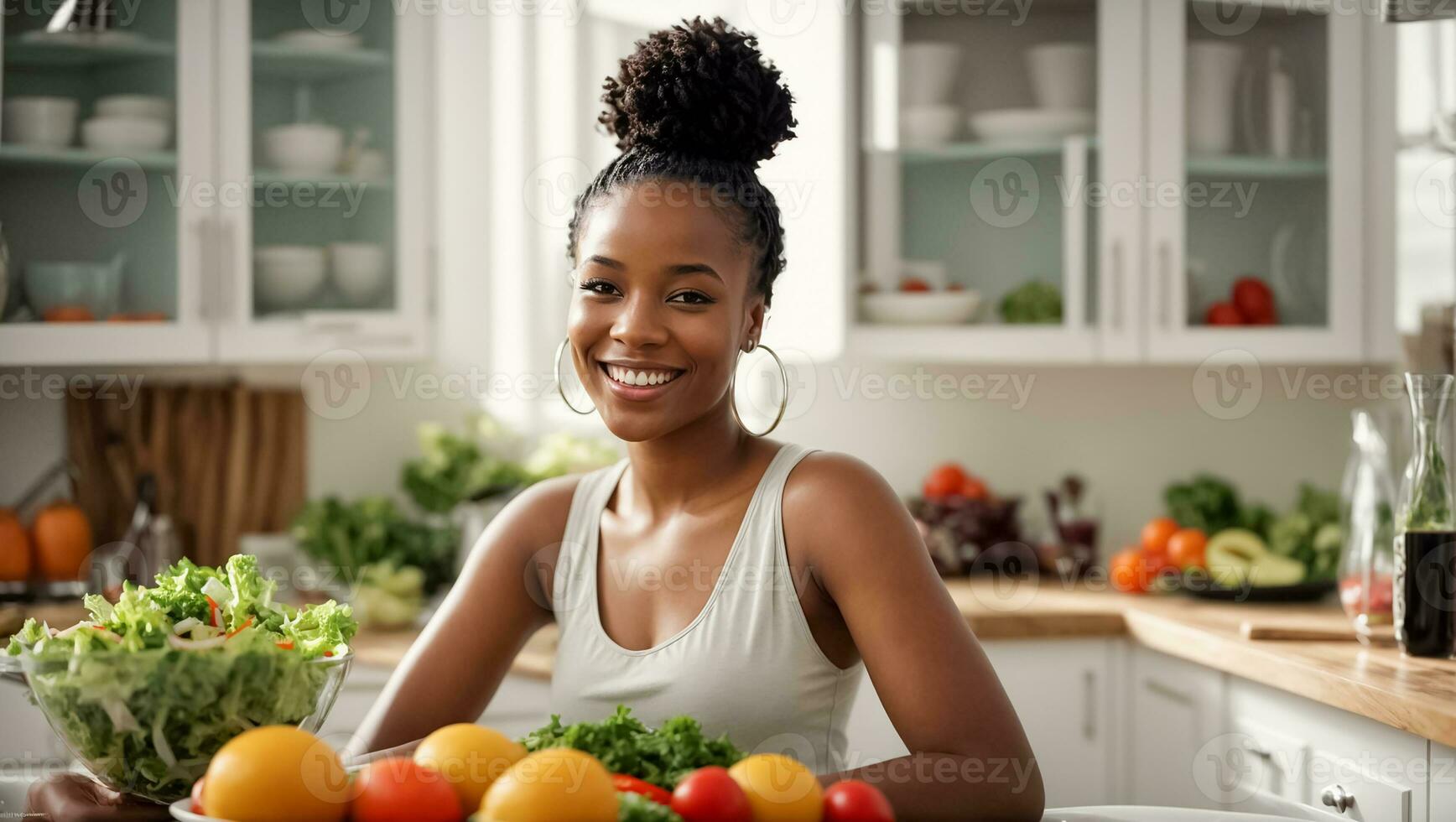 ai generiert schön afro amerikanisch Mädchen im das Küche mit anders Gemüse und Früchte foto