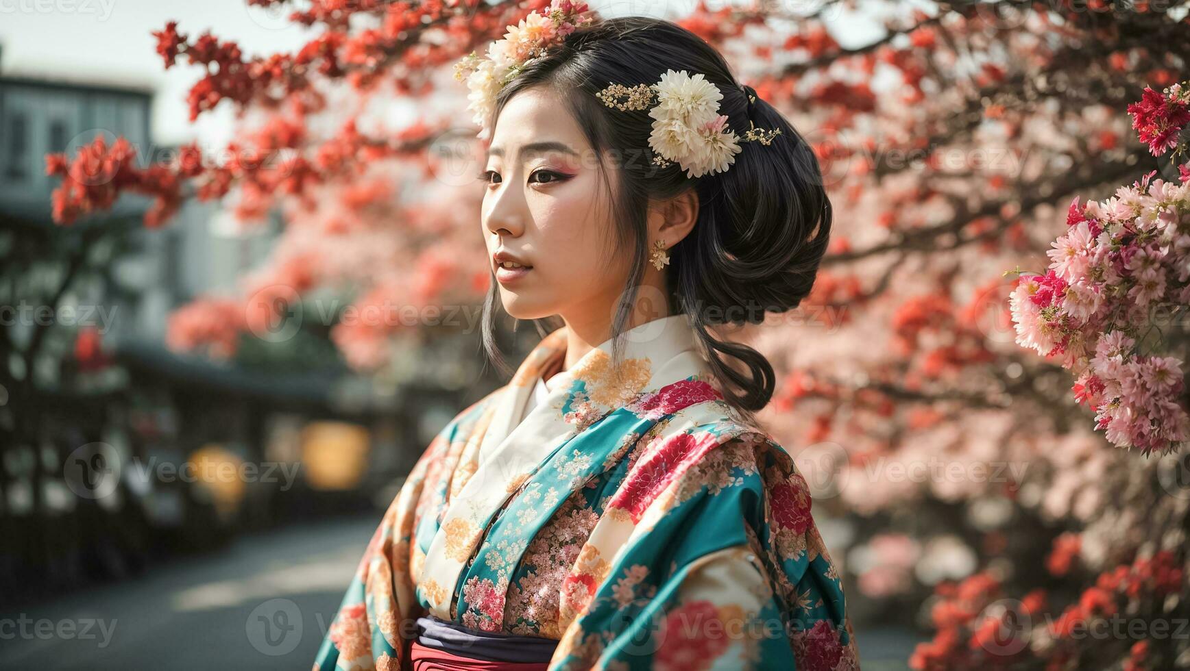 ai generiert Porträt von ein schön japanisch Mädchen, Blume foto