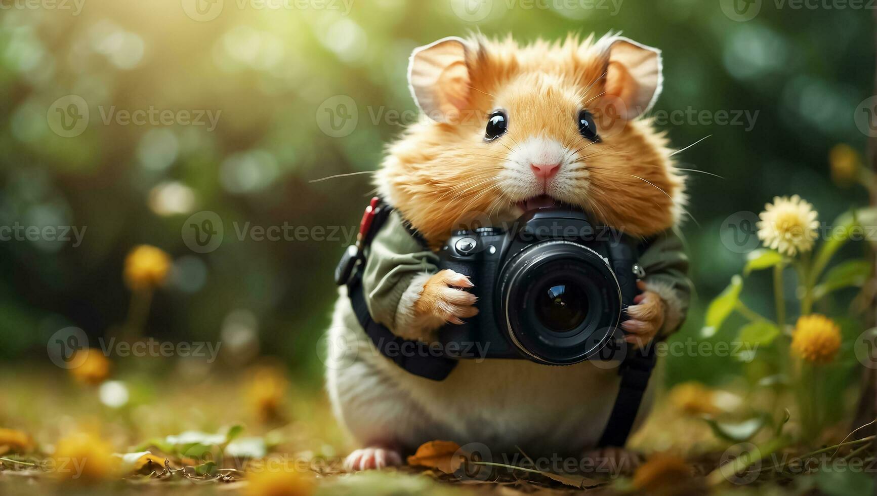 ai generiert süß komisch Hamster mit ein Kamera im das Park foto