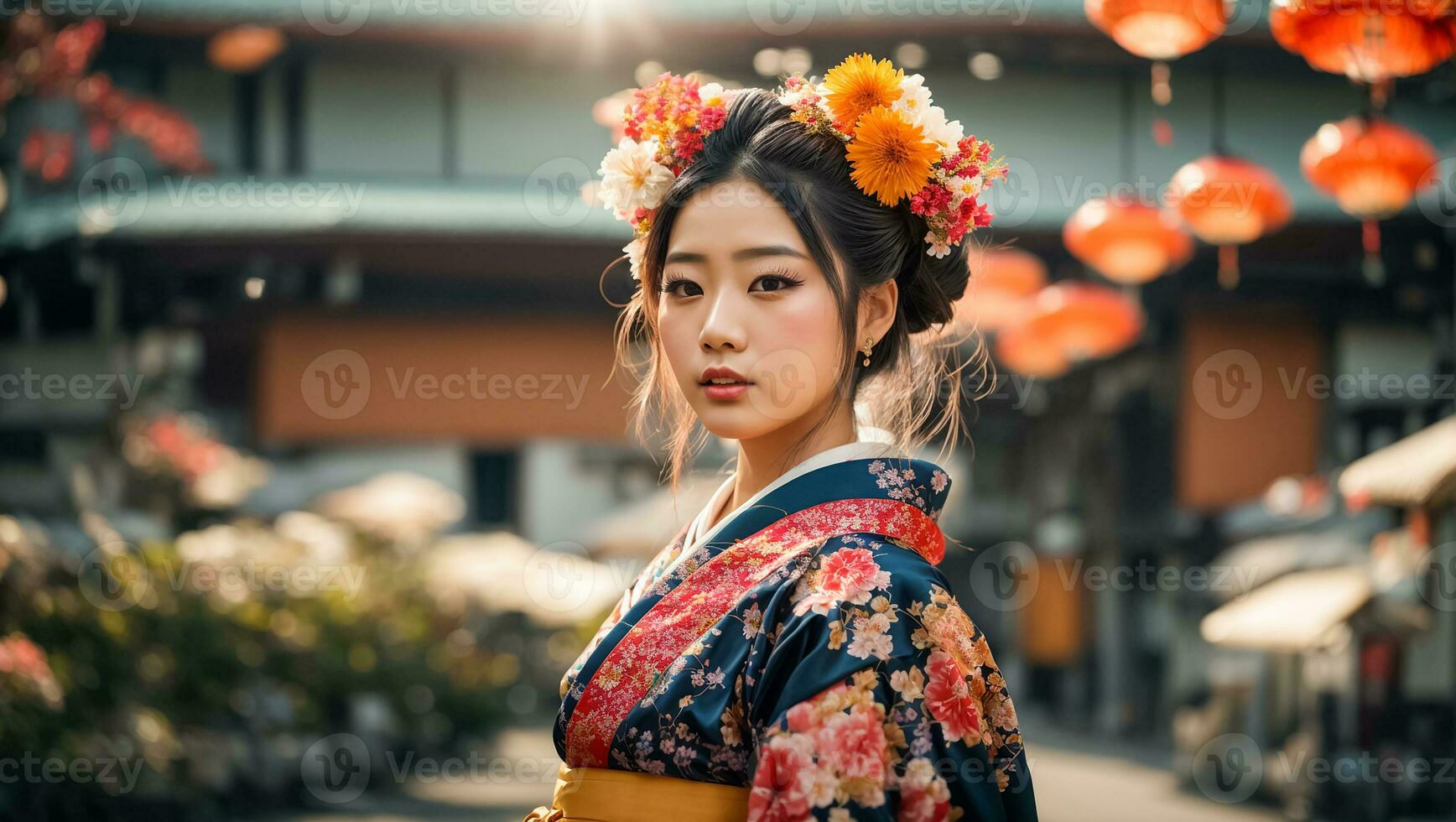 ai generiert Porträt von ein schön japanisch Mädchen, Blume foto