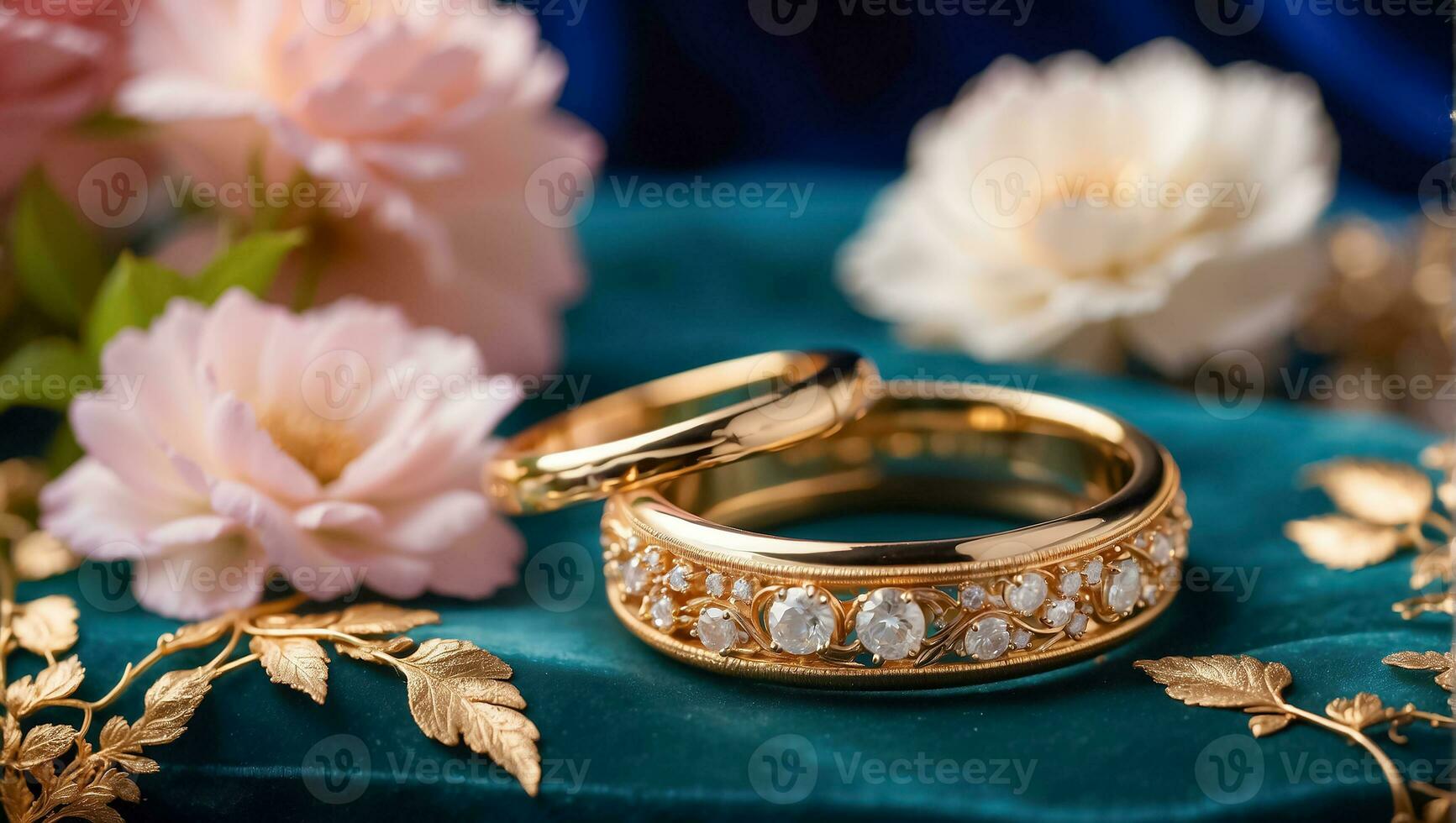 ai generiert Gold Ring auf ein Hintergrund von schön Blumen Jahrestag foto