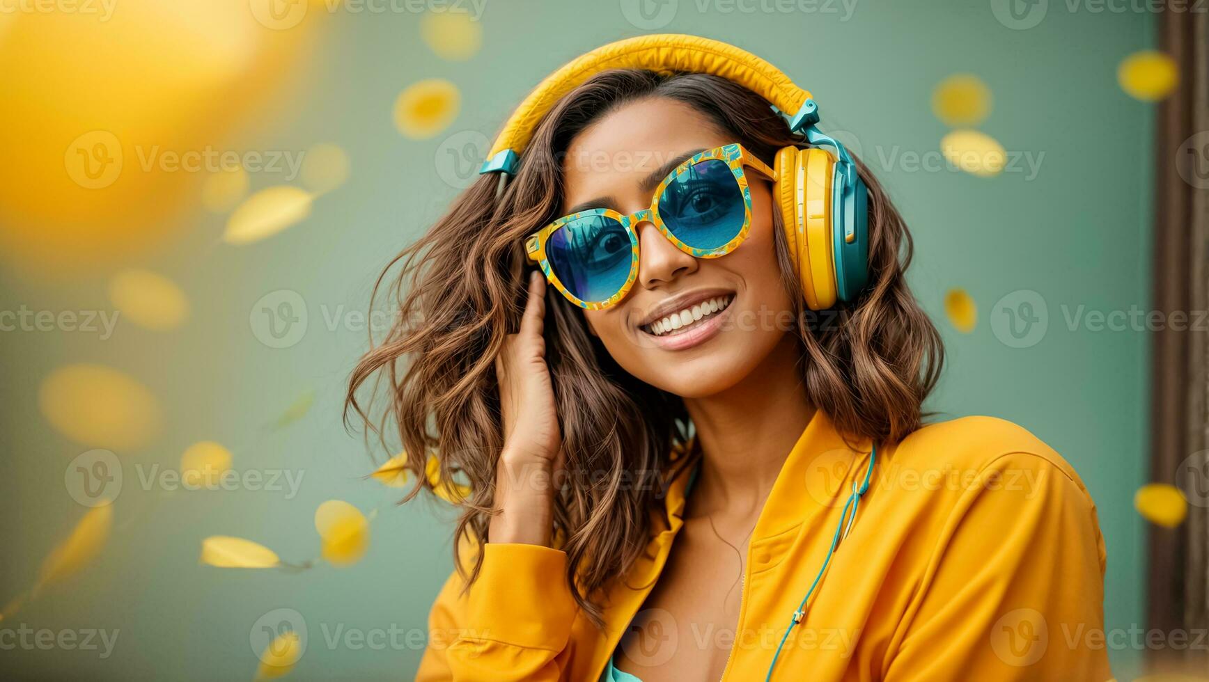 ai generiert schön modisch Mädchen im Kopfhörer hört zu zu Musik- foto