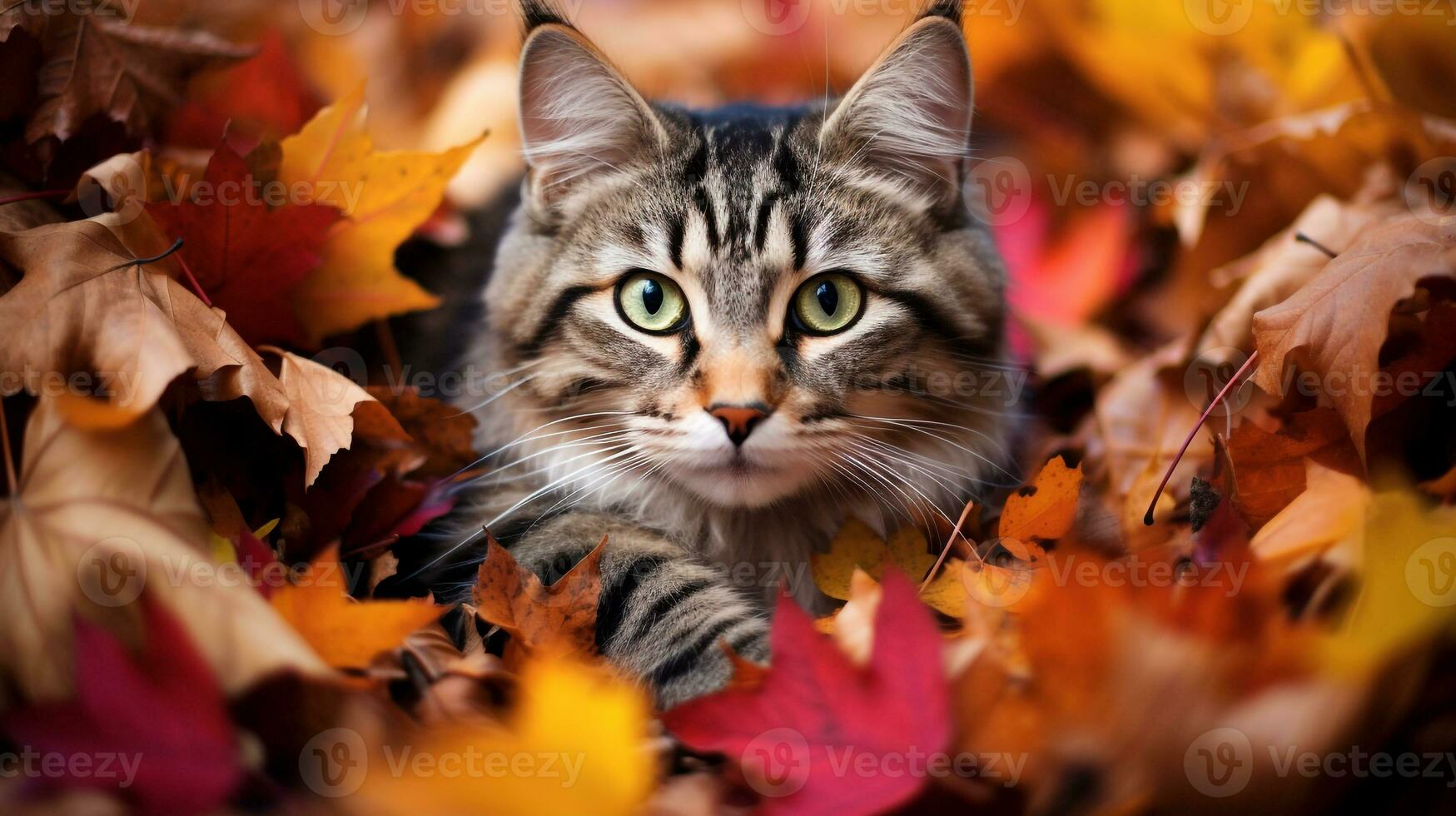 ai generiert Foto von ein Katze eingebettet unter bunt Herbst Blätter. generativ ai