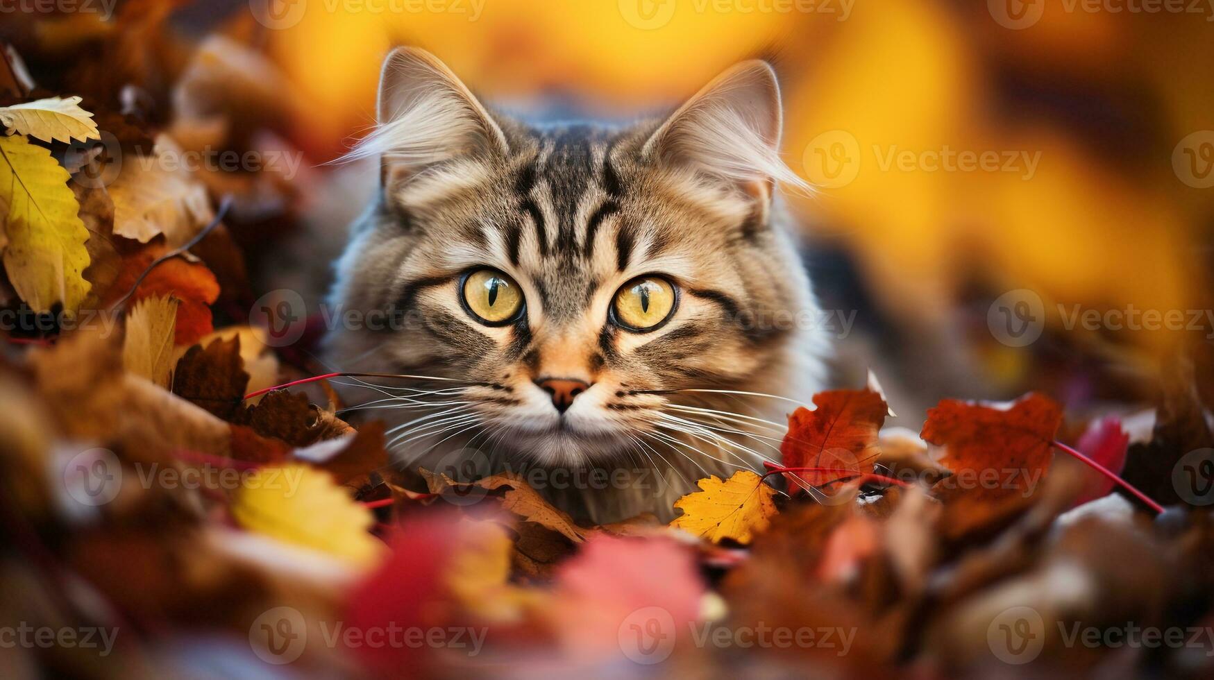 ai generiert Foto von ein Katze eingebettet unter bunt Herbst Blätter. generativ ai