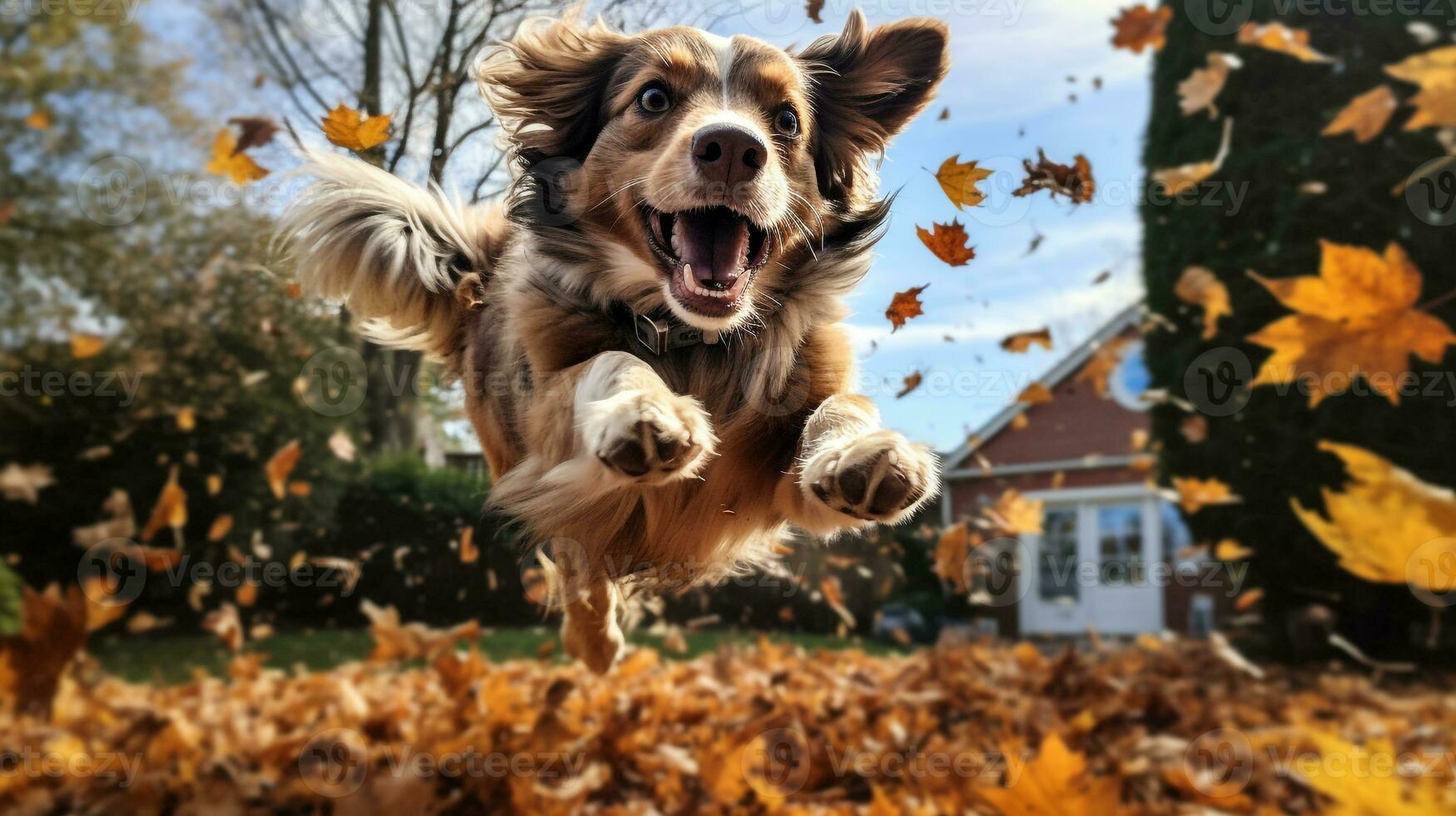 ai generiert Foto von ein Hund freudig springen in ein Stapel von Herbst Blätter. generativ ai